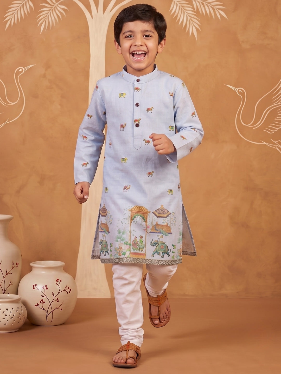 Blue Elephant & Traditional Ethnic Print Cotton Blend Kurta Pyjama Set For Boys