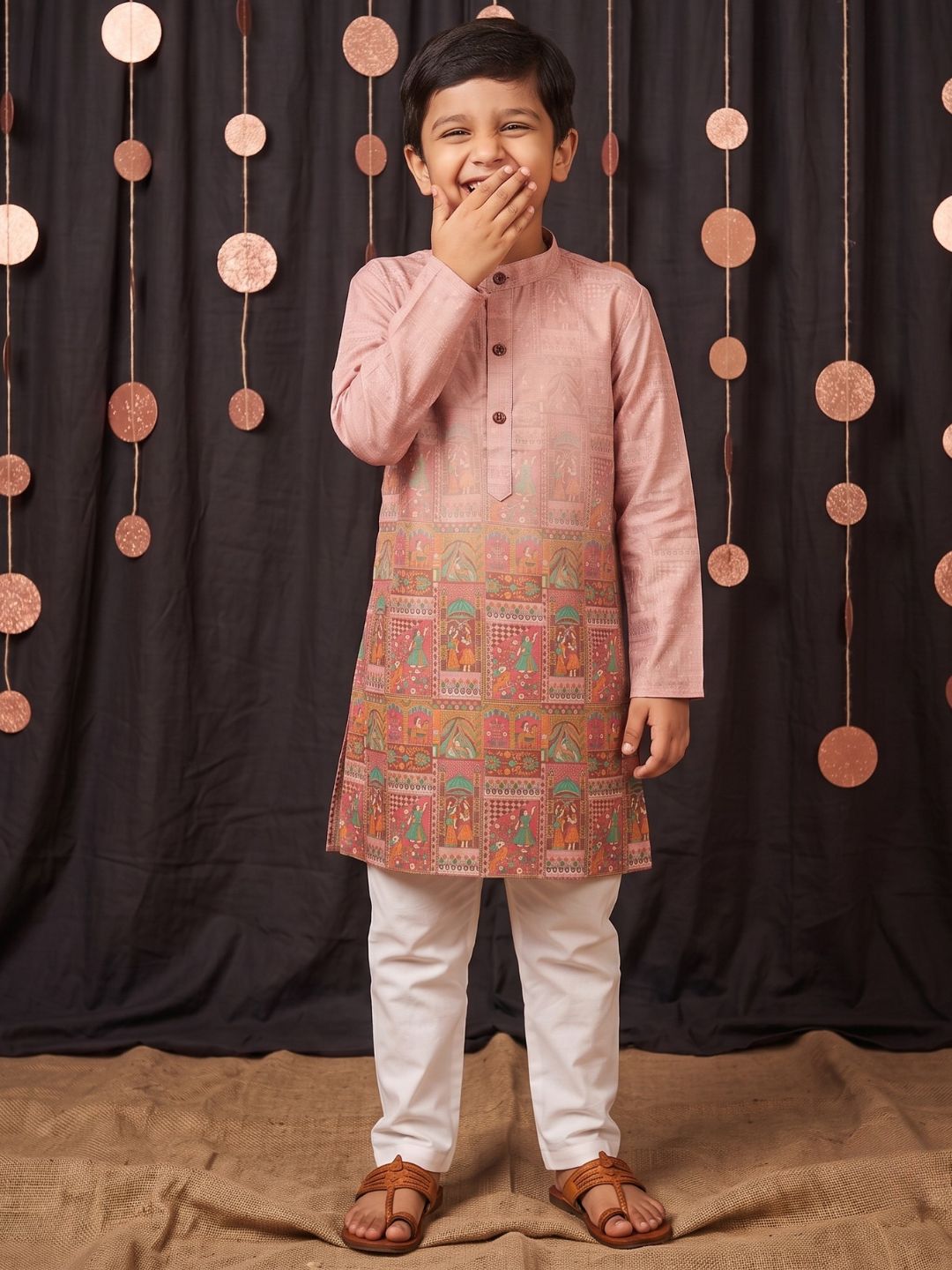 Pink Ethnic Print Cotton Blend Kurta Pyjama Set For Boys