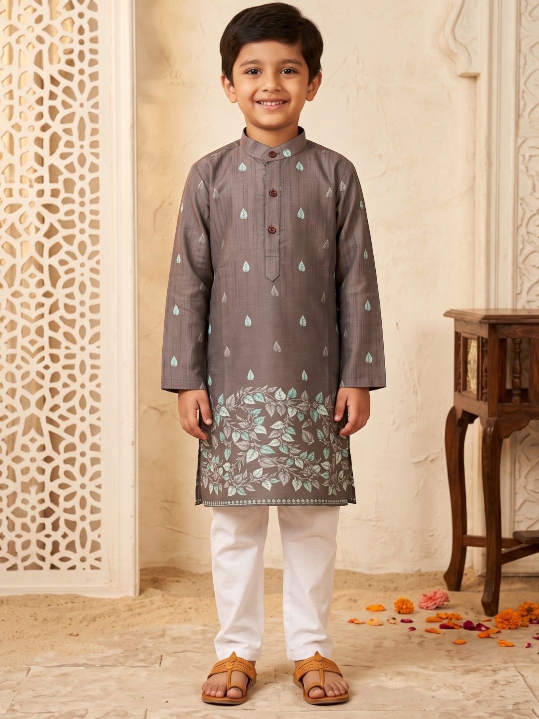 Brown Leaf Print Cotton Blend Kurta Pyjama Set For Boys