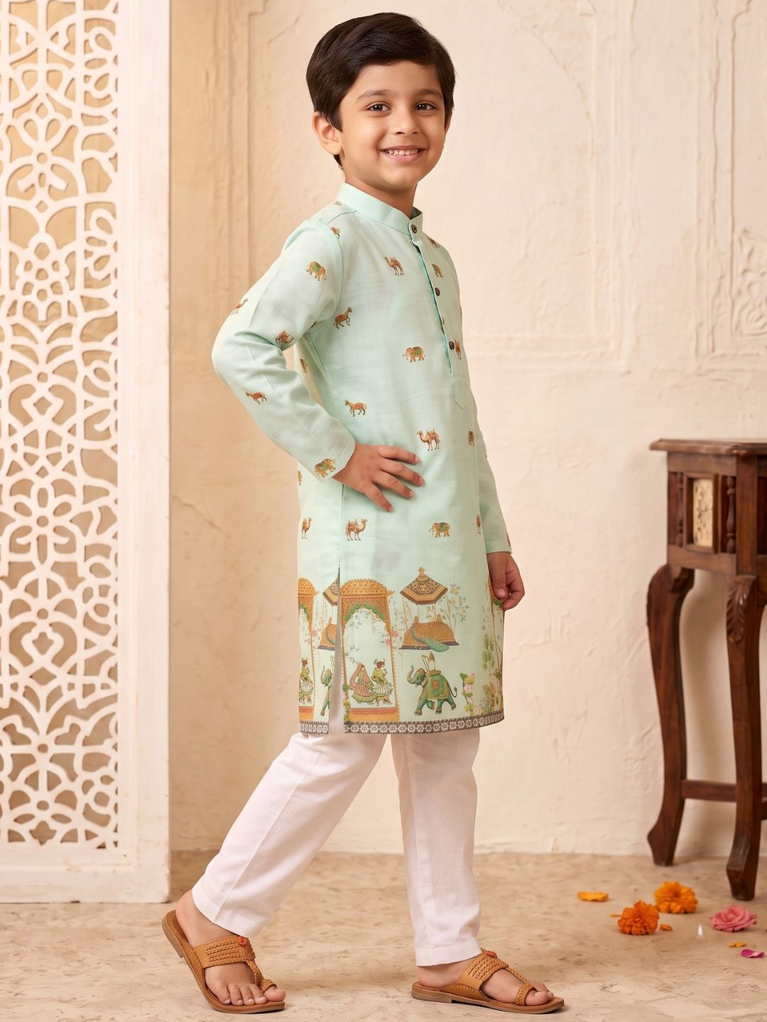 Green Elephant & Traditional Ethnic Print Cotton Blend Kurta Pyjama Set For Boys