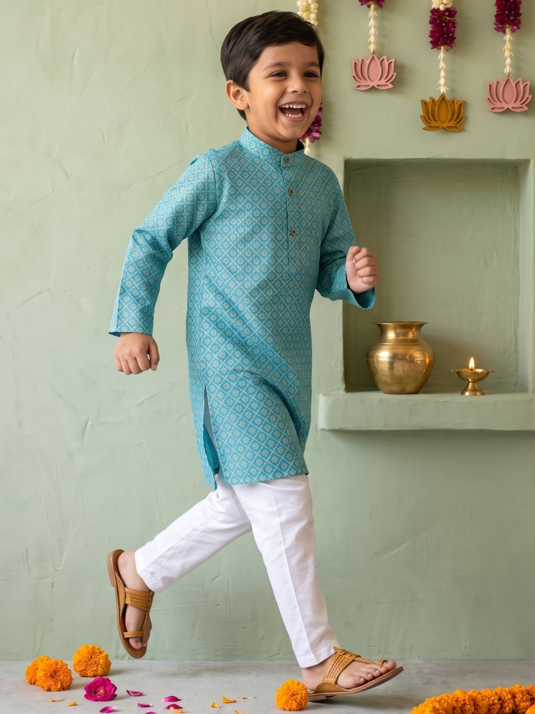 Blue Floral Geometric Print Cotton Blend Kurta Pyjama Set For Boys