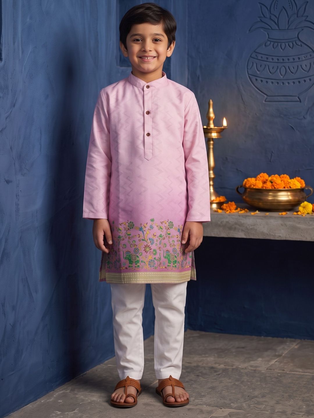 Pink Elephant Printed Cotton Blend Kurta Pyjama Set For Boys