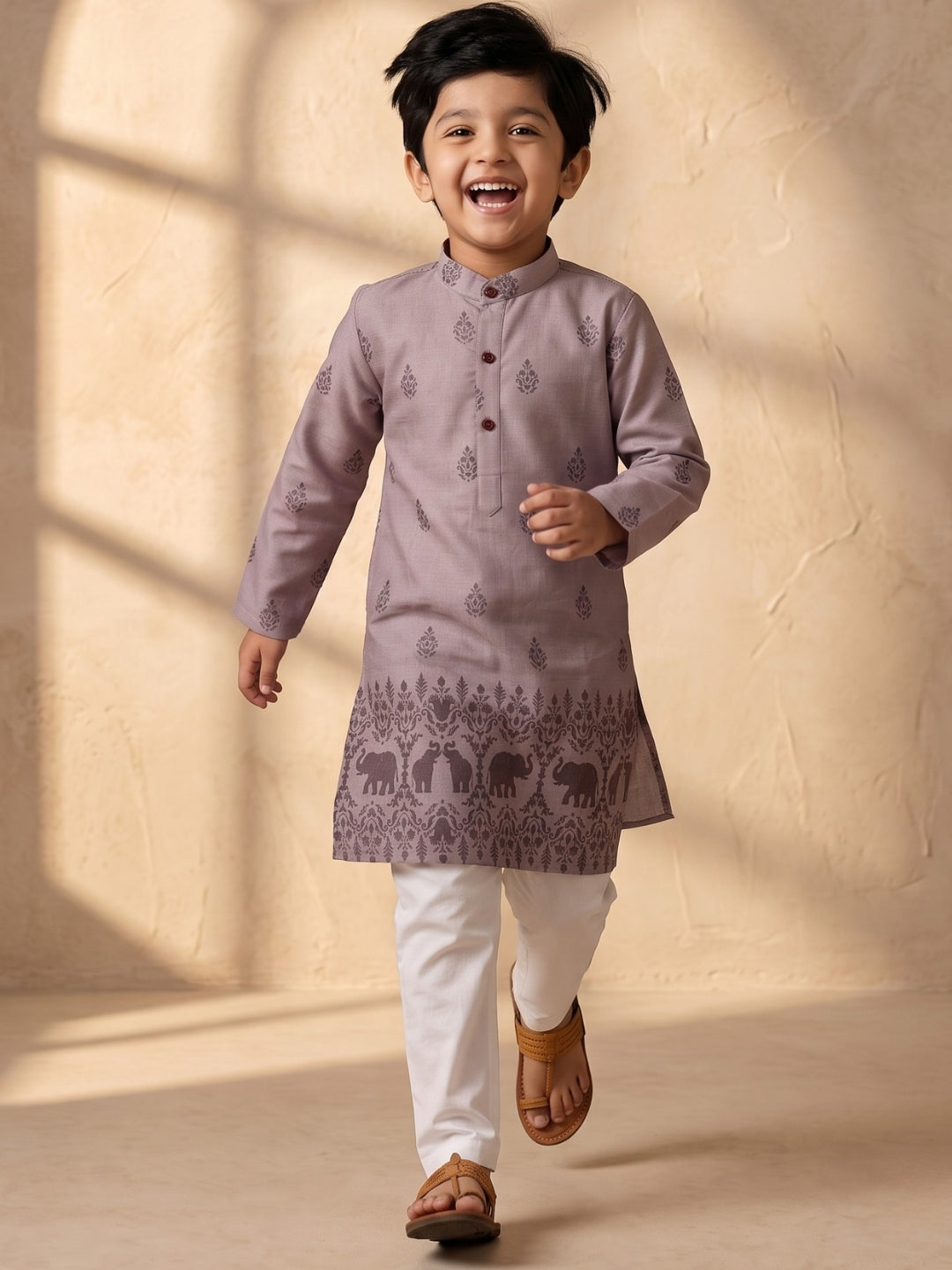 Mauve Elephant Printed Cotton Blend Kurta Pyjama Set For Boys