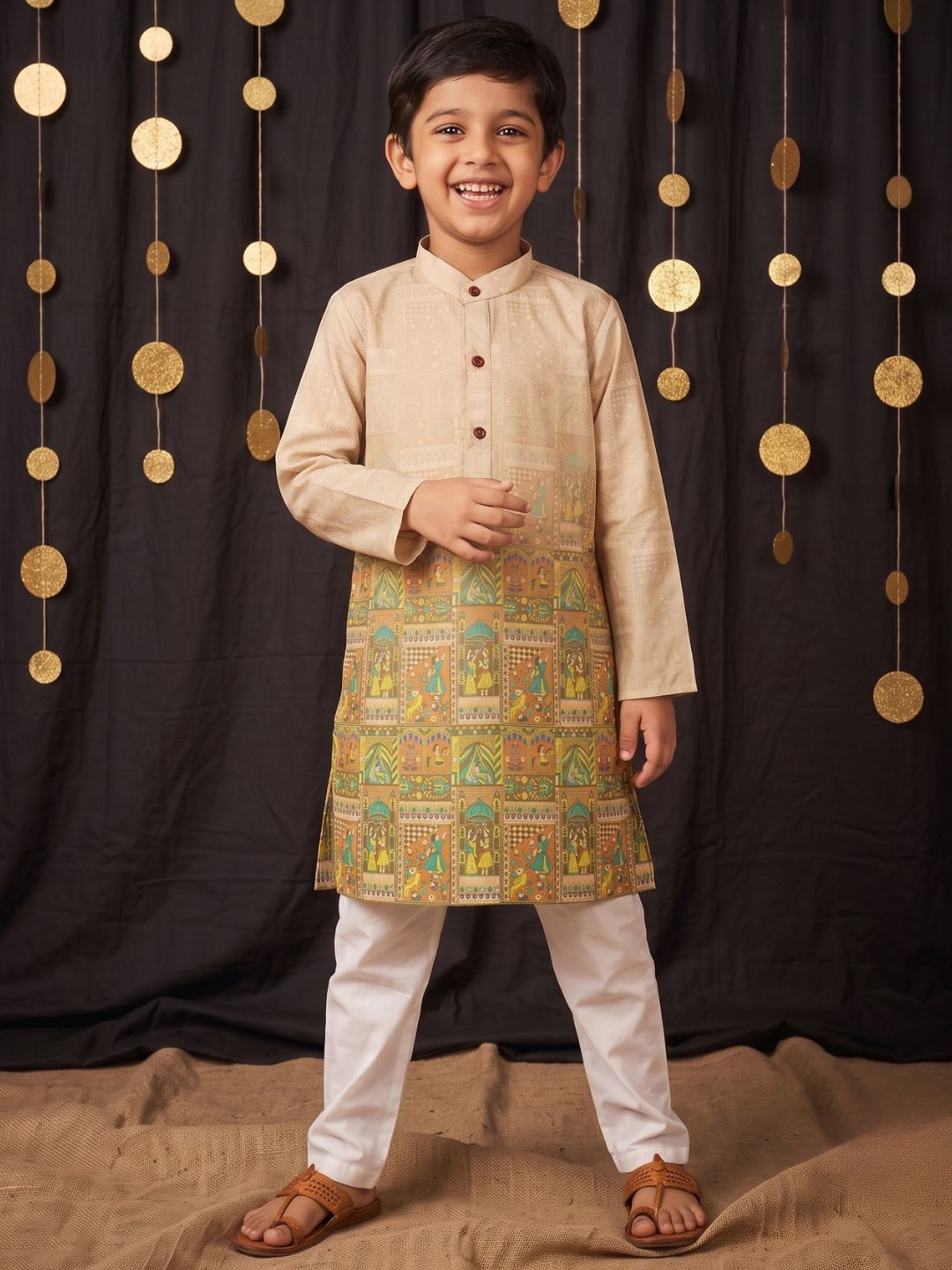 Yellow Ethnic Print Cotton Blend Kurta Pyjama Set For Boys