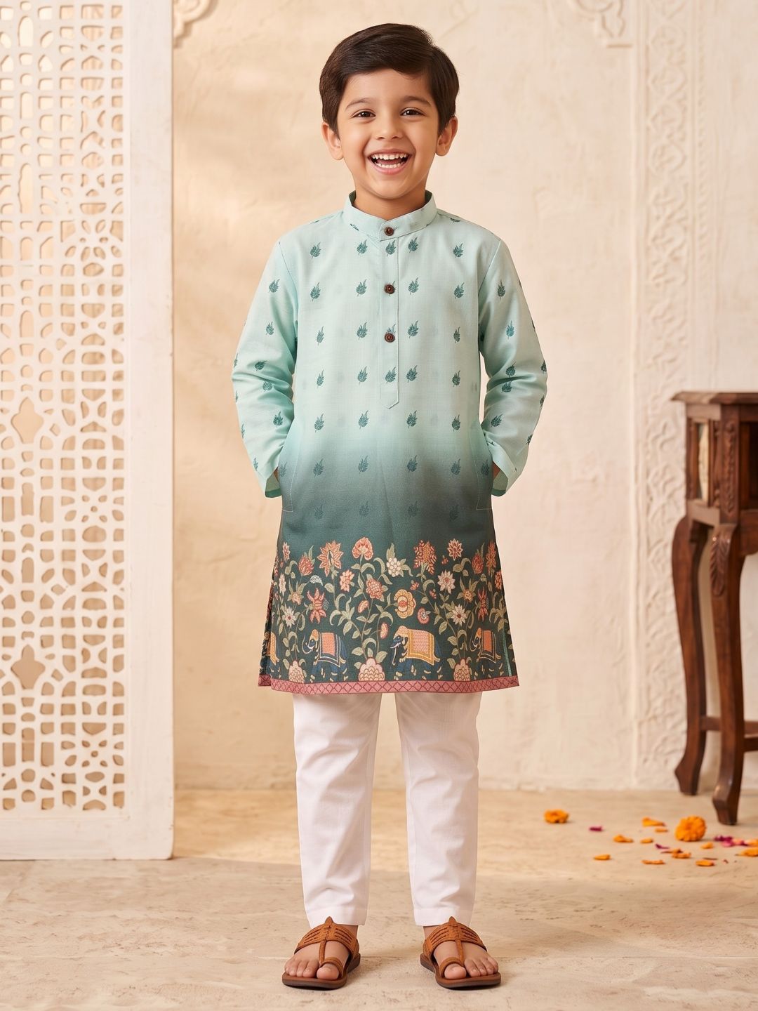 Green Floral Elephant Printed Cotton Blend Kurta Pyjama Set For Boys