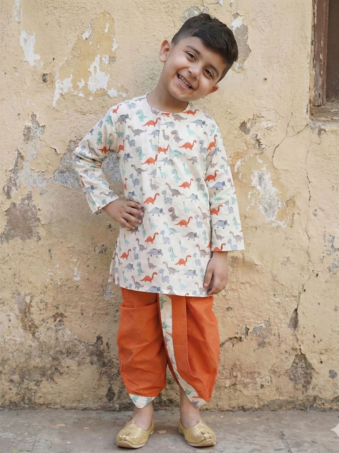 Kids Boys Rust Dino Print Cotton Dhoti Set - AJ Dezines