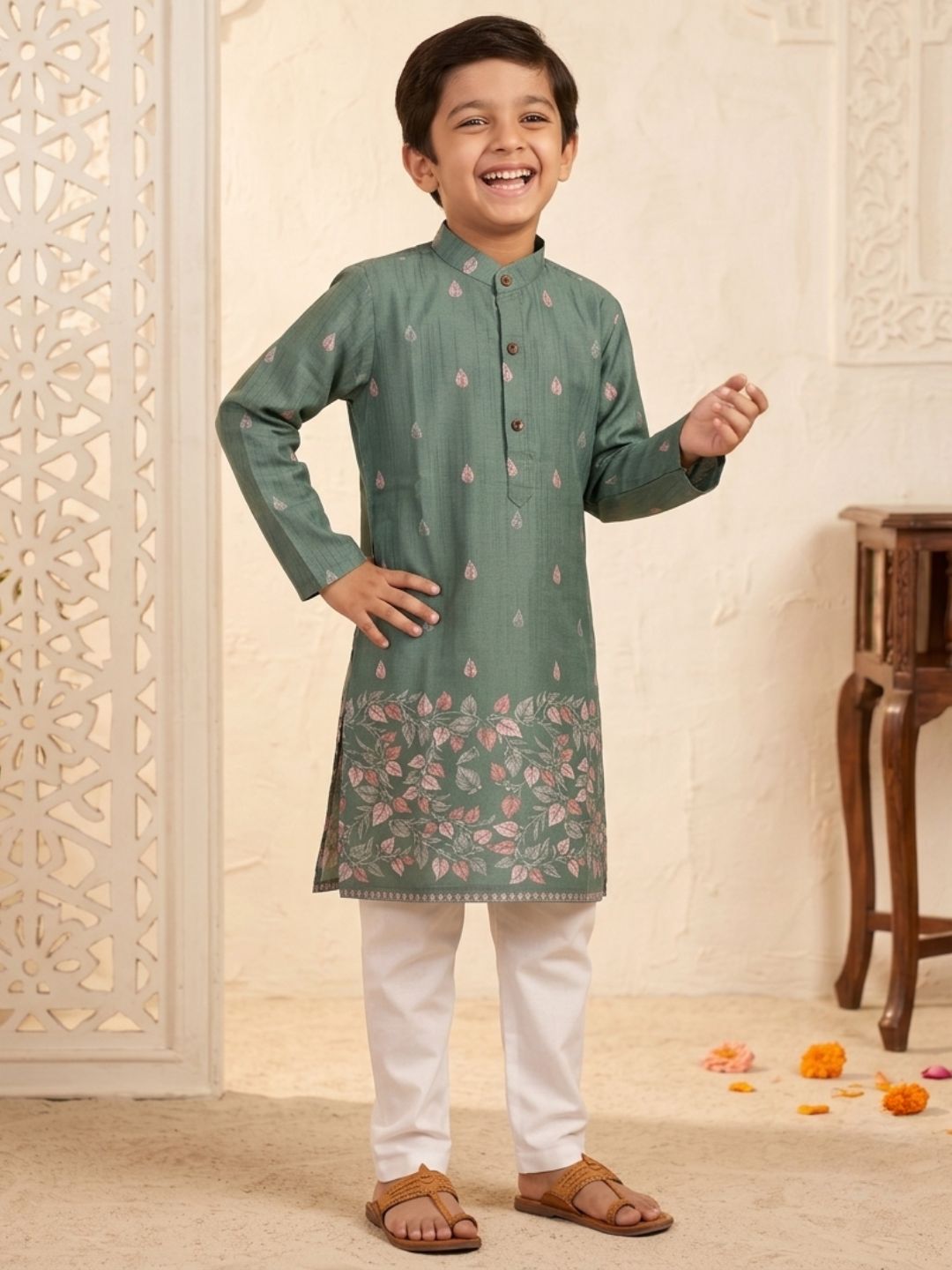 Green Leaf Print Cotton Blend Kurta Pyjama Set For Boys
