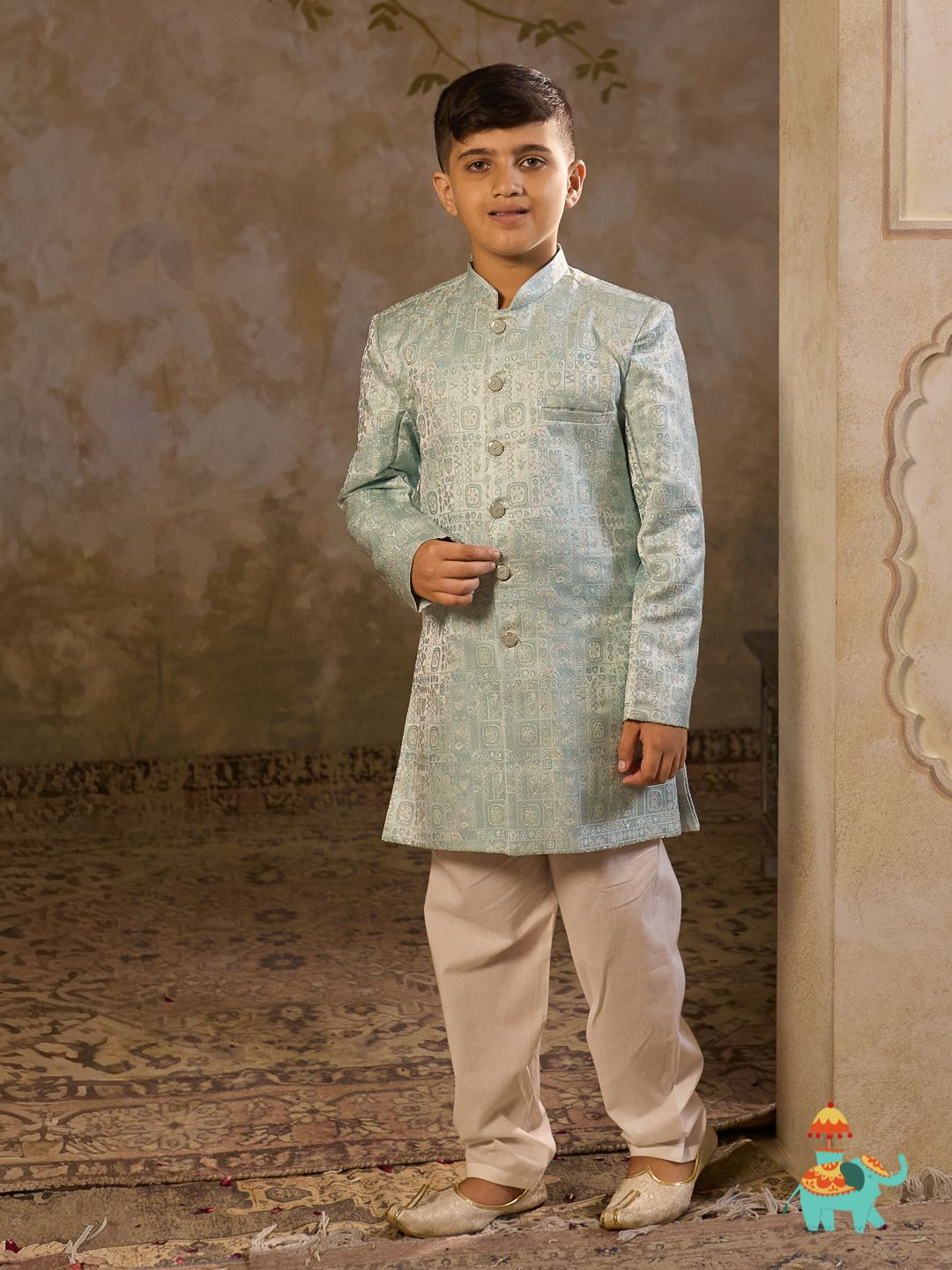 Sky Blue Jacquard Full Sleeves Sherwani with Rich Floral Embroidery for boys