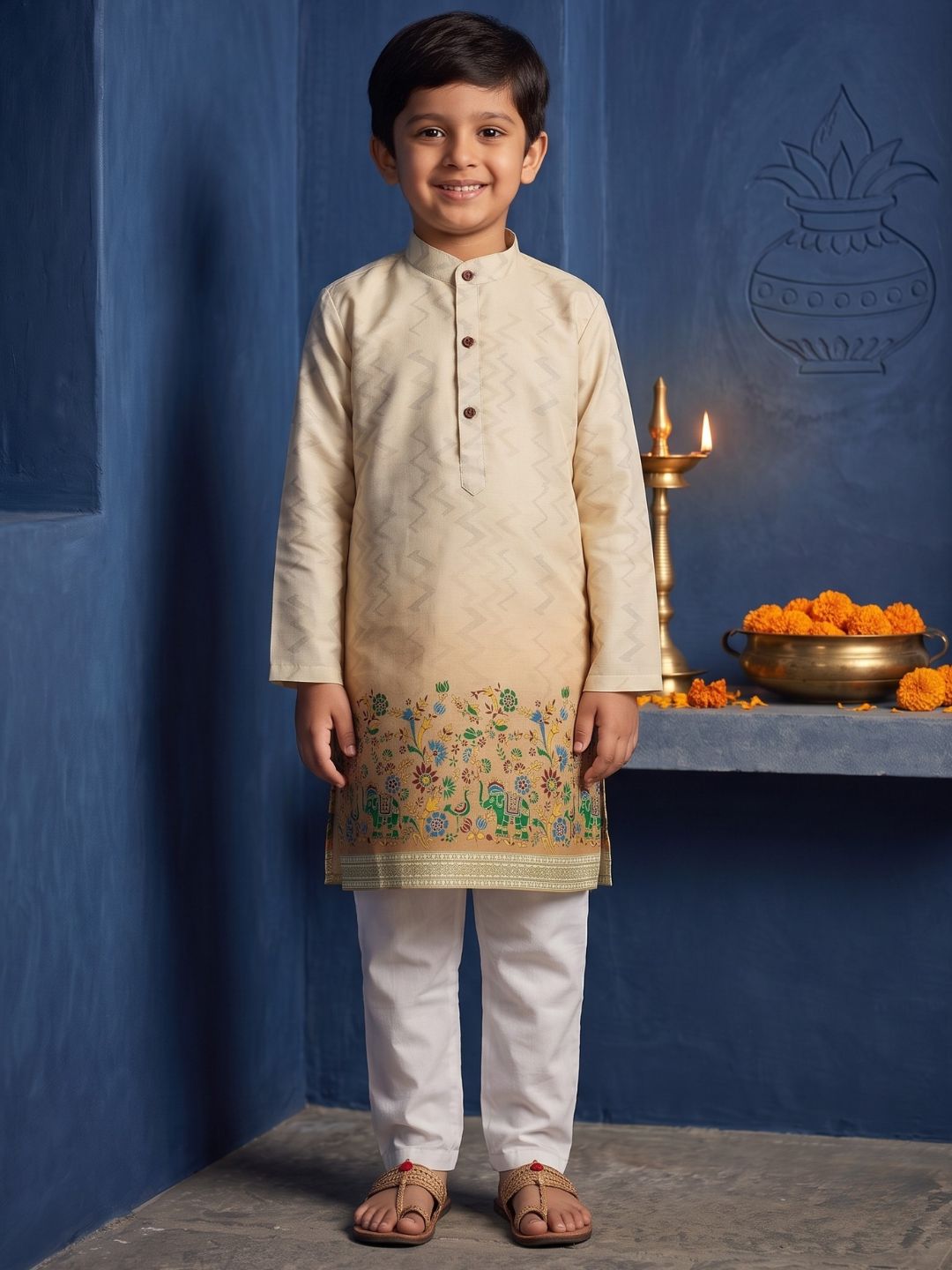 Yellow Elephant Printed Cotton Blend Kurta Pyjama Set For Boys
