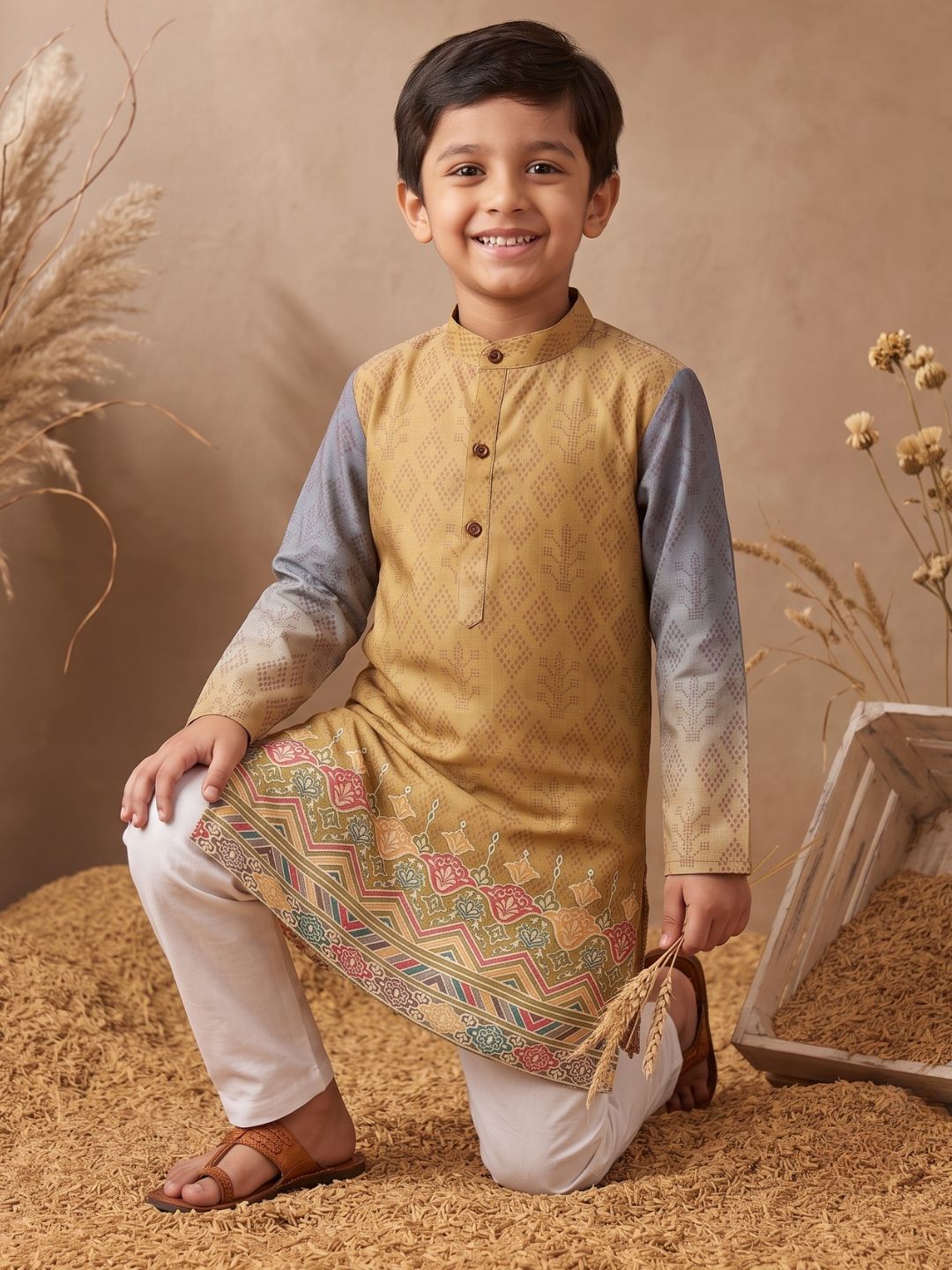 Mustard Ethnic Print Cotton Blend Kurta Pyjama Set For Boys