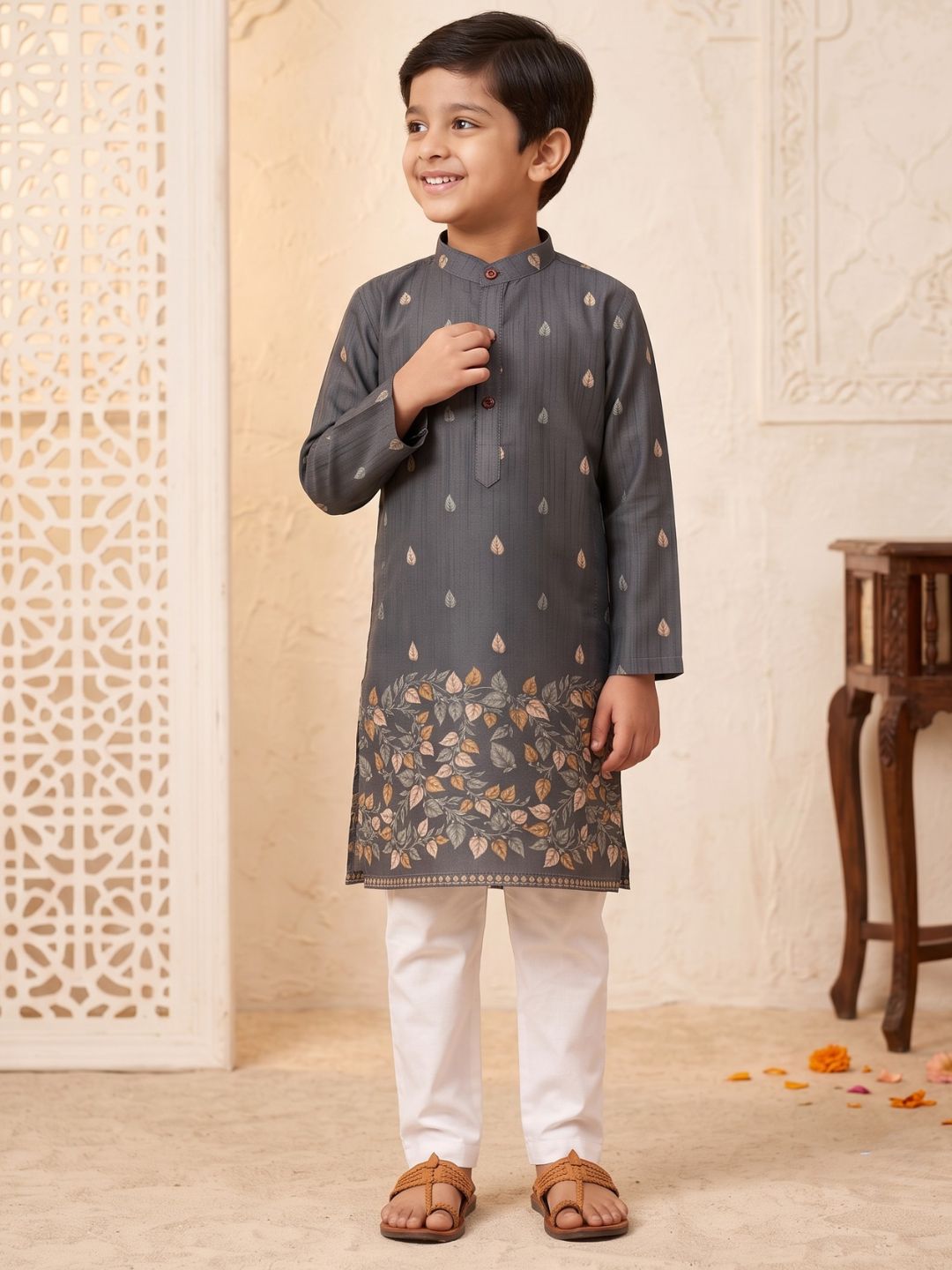 Grey Leaf Print Cotton Blend Kurta Pyjama Set For Boys
