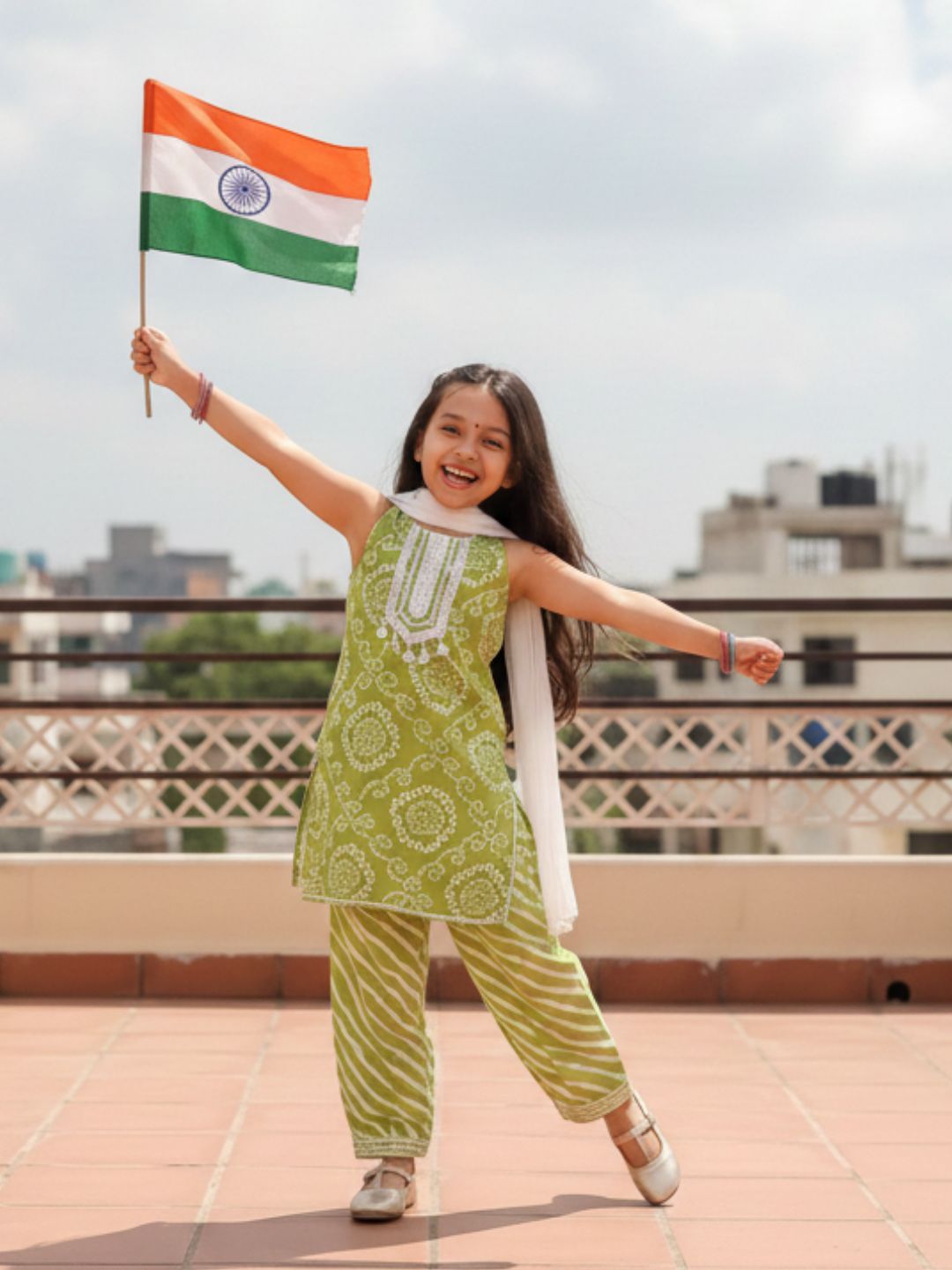 Green Cotton Sleeveless Floral Printed with Lace Girls Suit Set - AJ Dezines