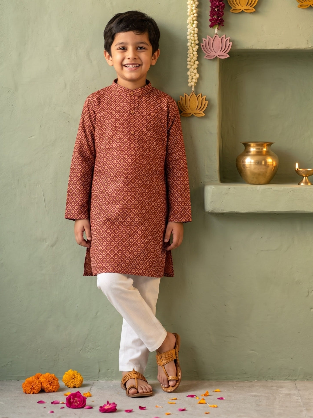 Red Floral Geometric Print Cotton Blend Kurta Pyjama Set For Boys