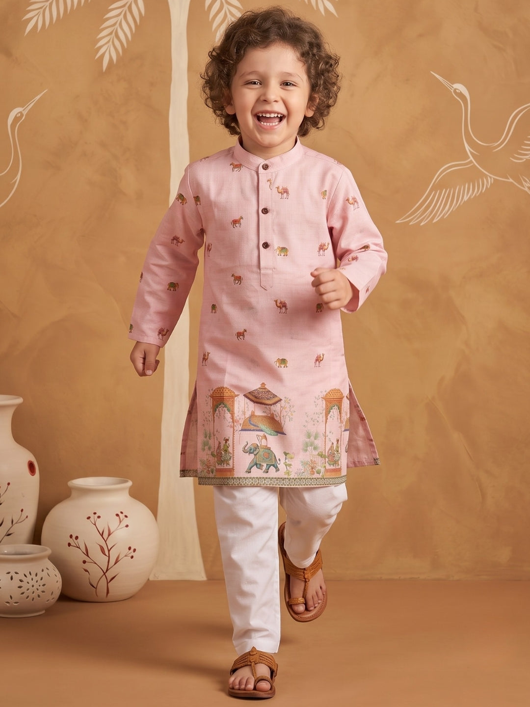 Pink Elephant & Traditional Ethnic Print Cotton Blend Kurta Pyjama Set For Boys