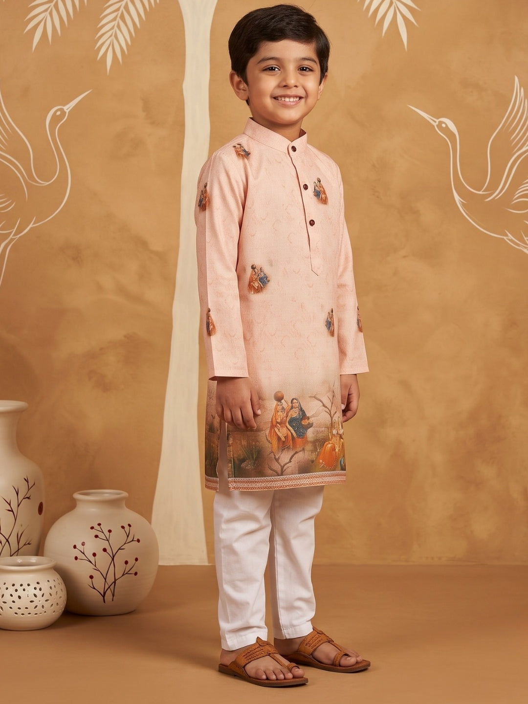 Peach Mythological Print Cotton Blend Kurta Pyjama Set For Boys