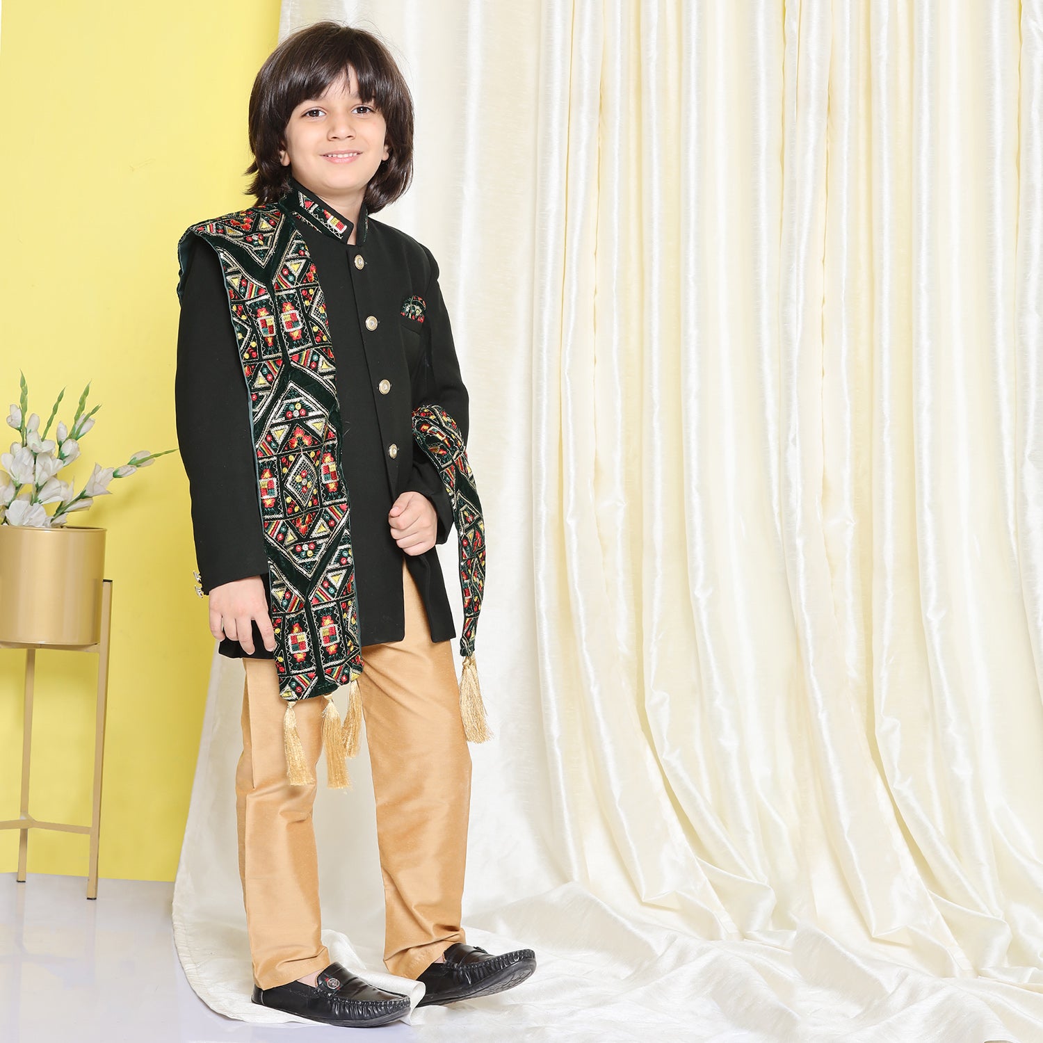 Kids Boys Green Embroidered Cotton Polyester Sherwani - AJ Dezines