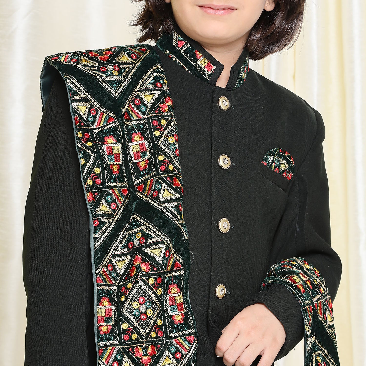 Kids Boys Green Embroidered Cotton Polyester Sherwani - AJ Dezines