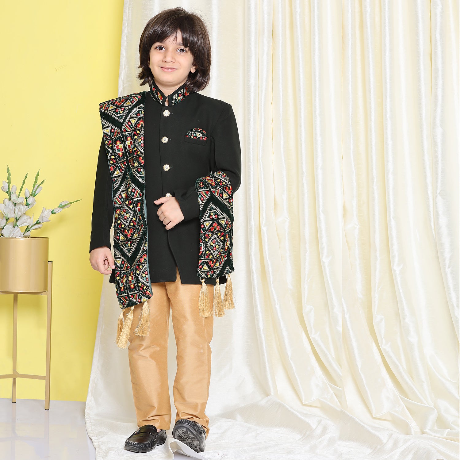 Kids Boys Green Embroidered Cotton Polyester Sherwani - AJ Dezines