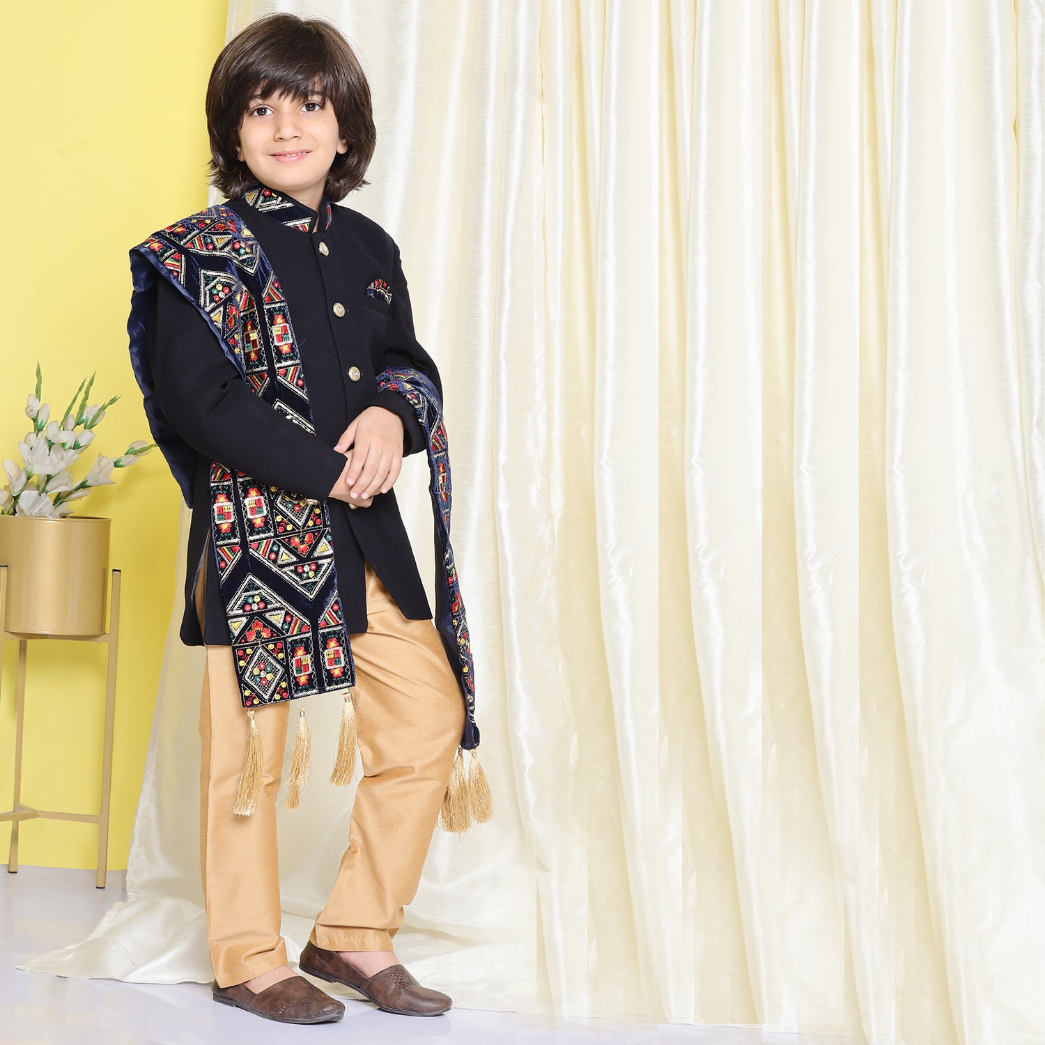 Kids Boys Navy Blue Embroidered Cotton Polyester Sherwani - AJ Dezines