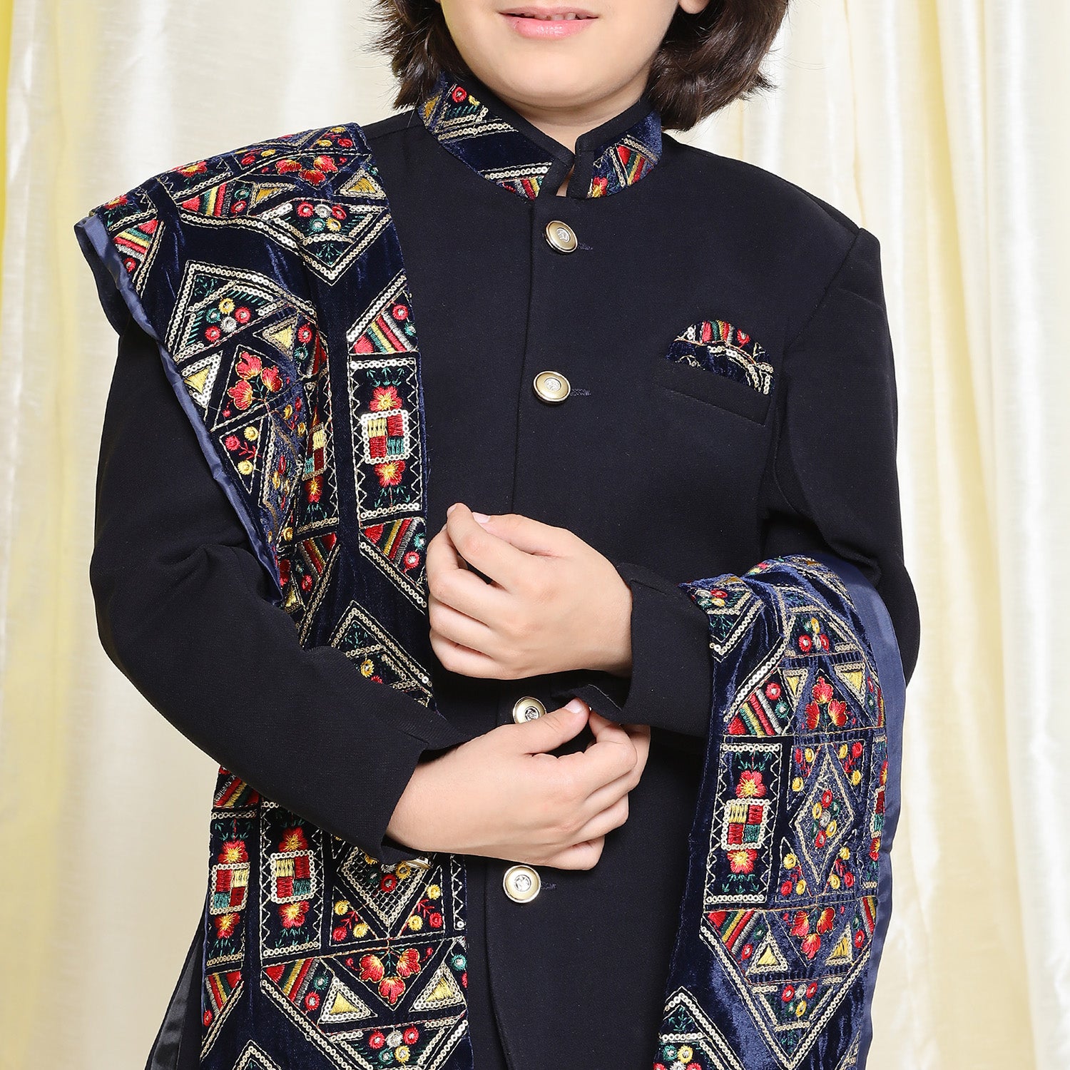 Kids Boys Navy Blue Embroidered Cotton Polyester Sherwani - AJ Dezines