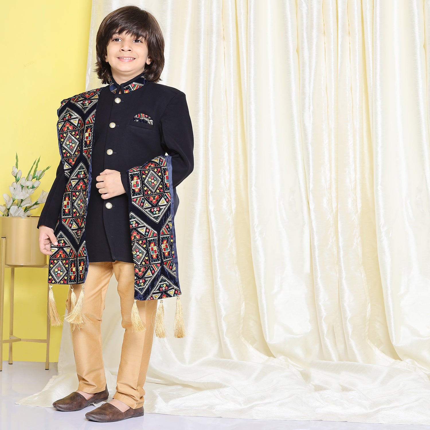 Kids Boys Navy Blue Embroidered Cotton Polyester Sherwani - AJ Dezines