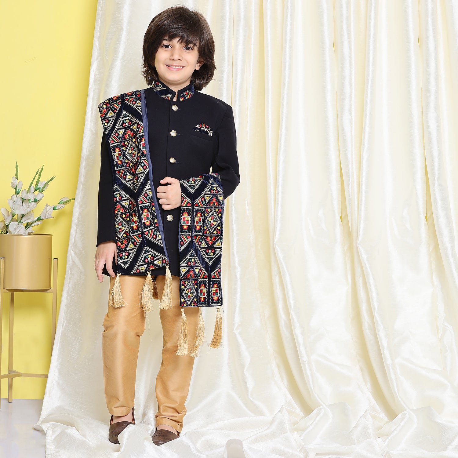 Kids Boys Navy Blue Embroidered Cotton Polyester Sherwani - AJ Dezines