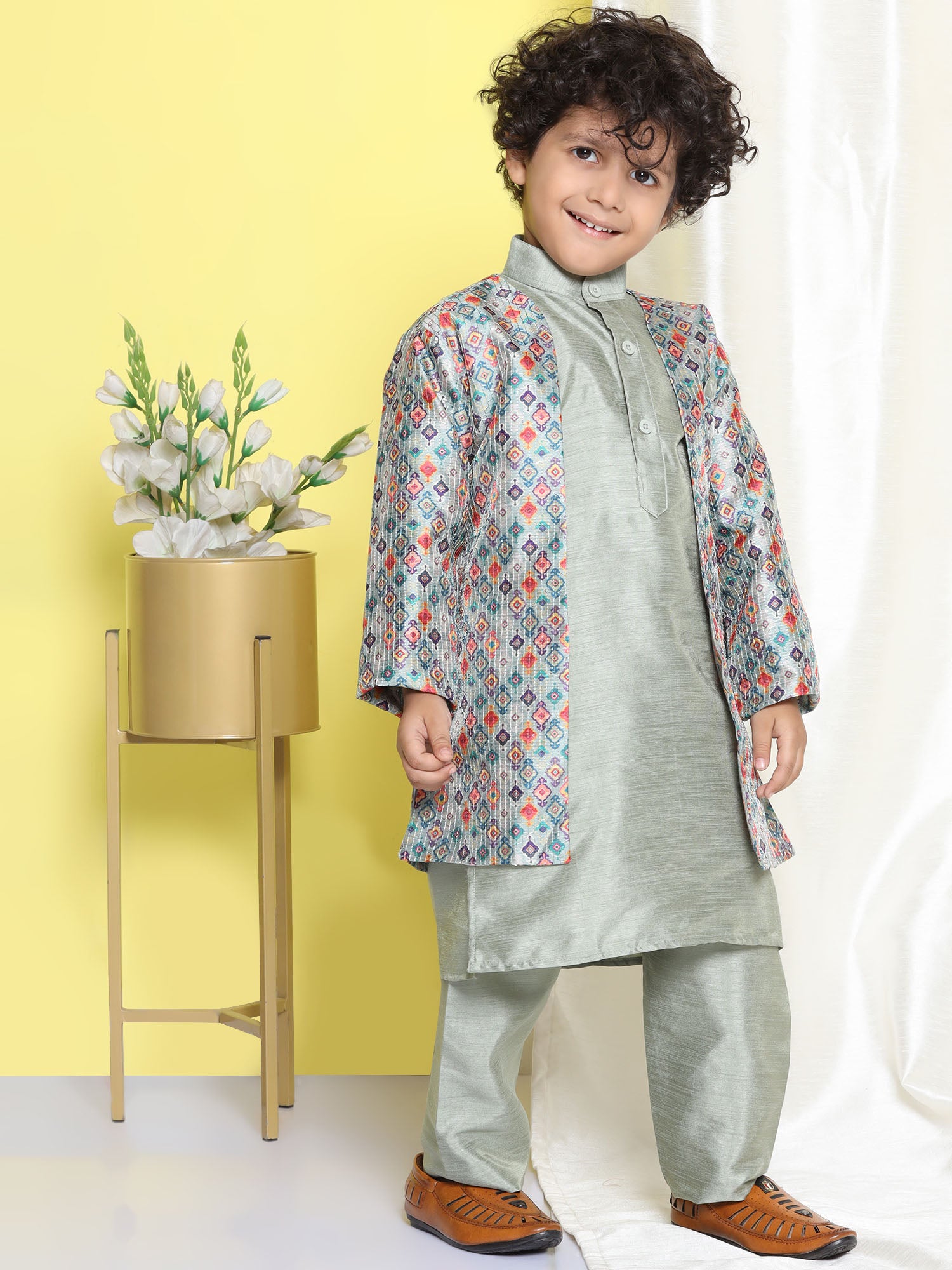 Kids Boys Pista Printed Silk Blend Sherwani - AJ Dezines