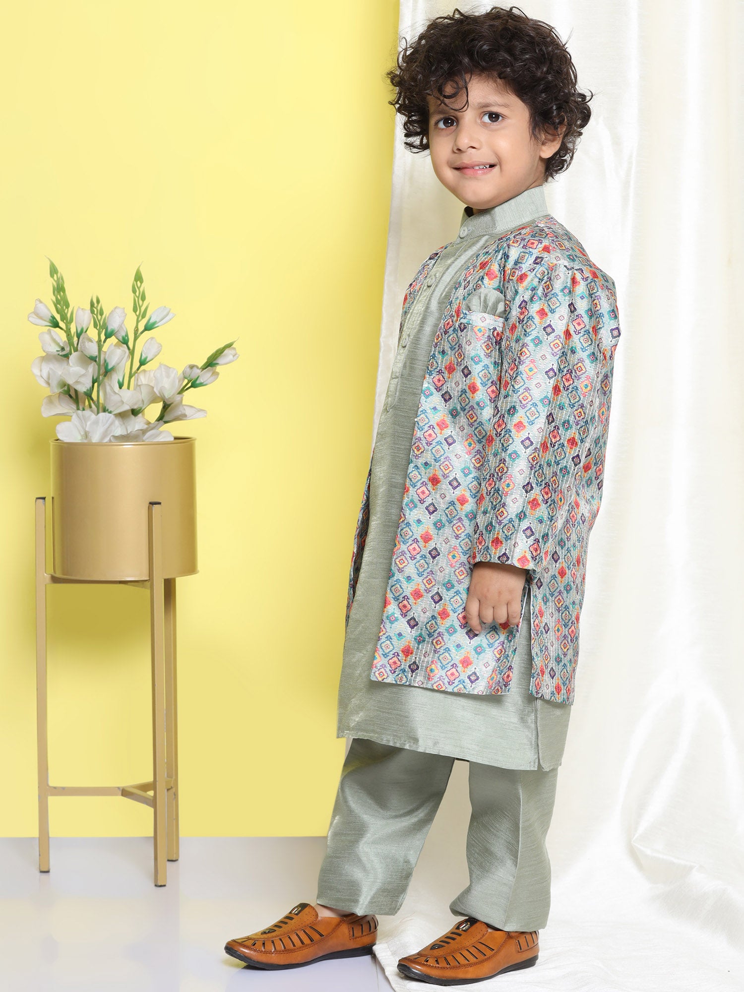 Kids Boys Pista Printed Silk Blend Sherwani - AJ Dezines