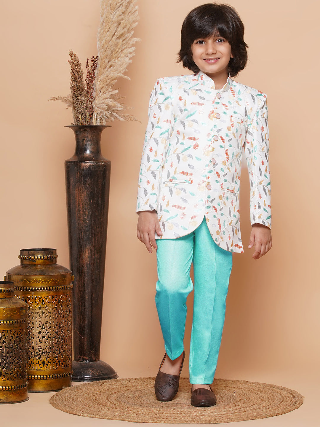 Kids Boys BLUE Floral Print Jacquard Indo Western - AJ Dezines
