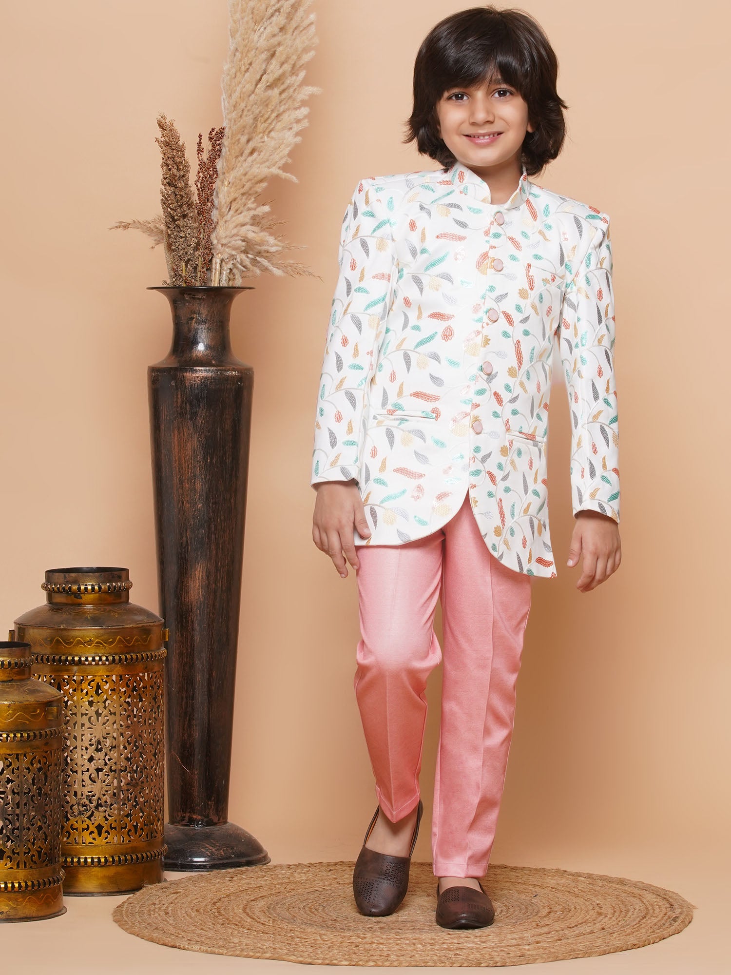 Kids Boys PEACH Floral Print Jacquard Indo Western - AJ Dezines