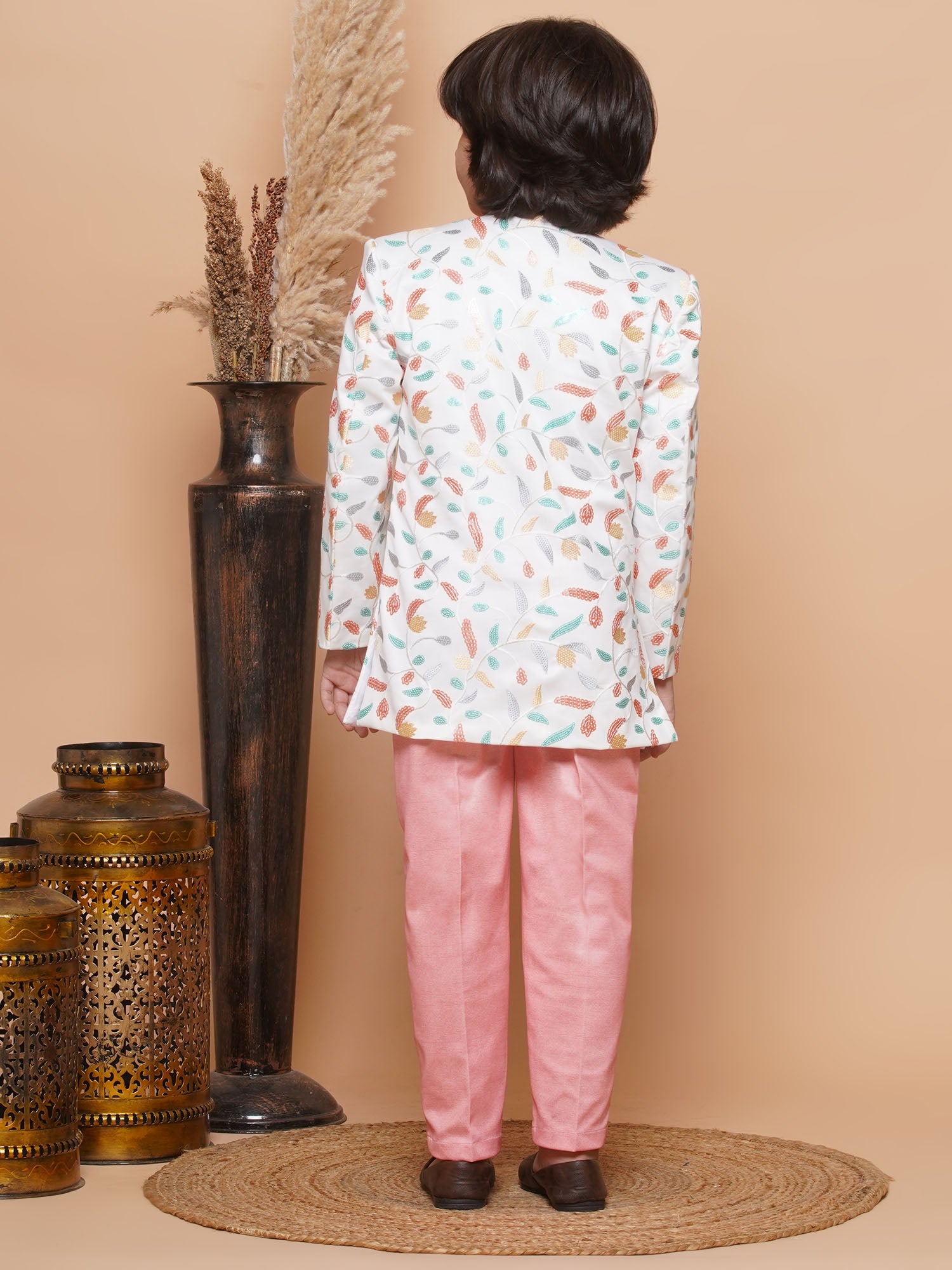 Kids Boys PEACH Floral Print Jacquard Indo Western - AJ Dezines