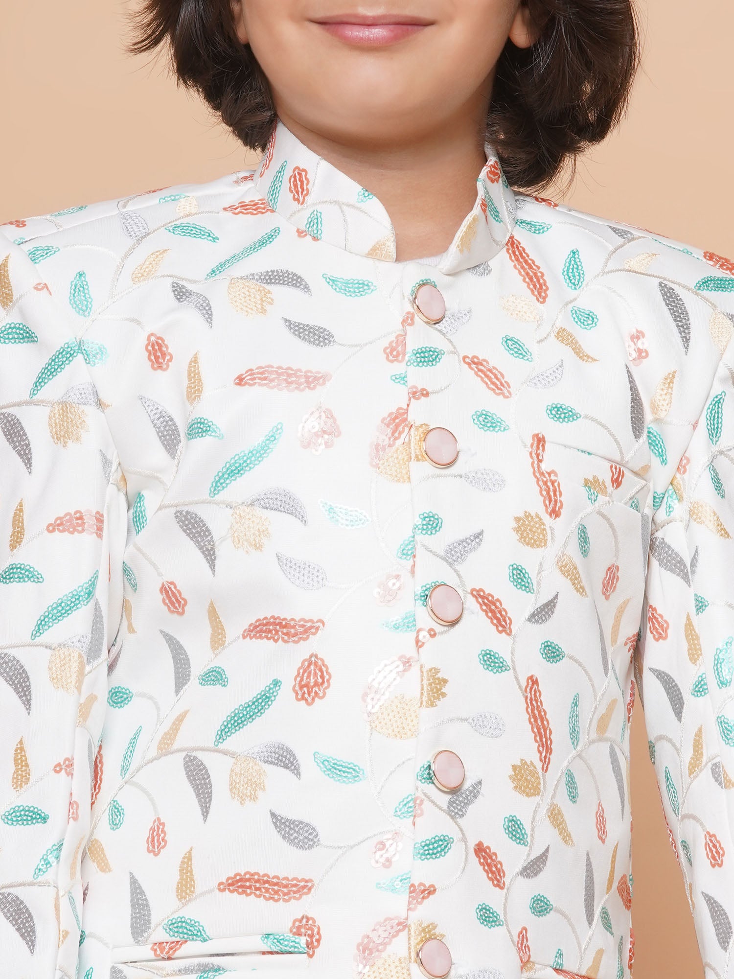 Kids Boys PEACH Floral Print Jacquard Indo Western - AJ Dezines