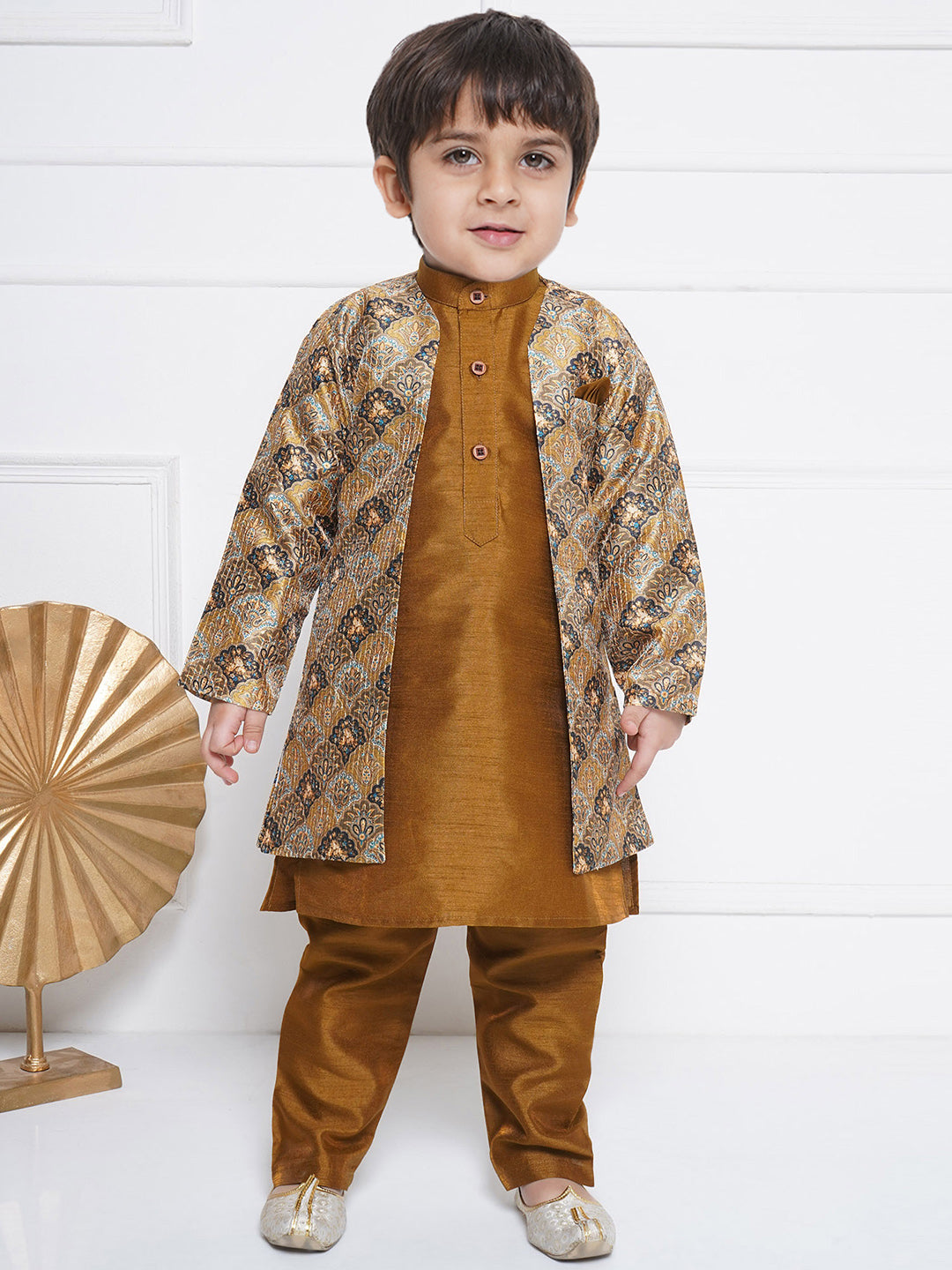 Kids Boys Brown Printed Silk Blend Sherwani - AJ Dezines