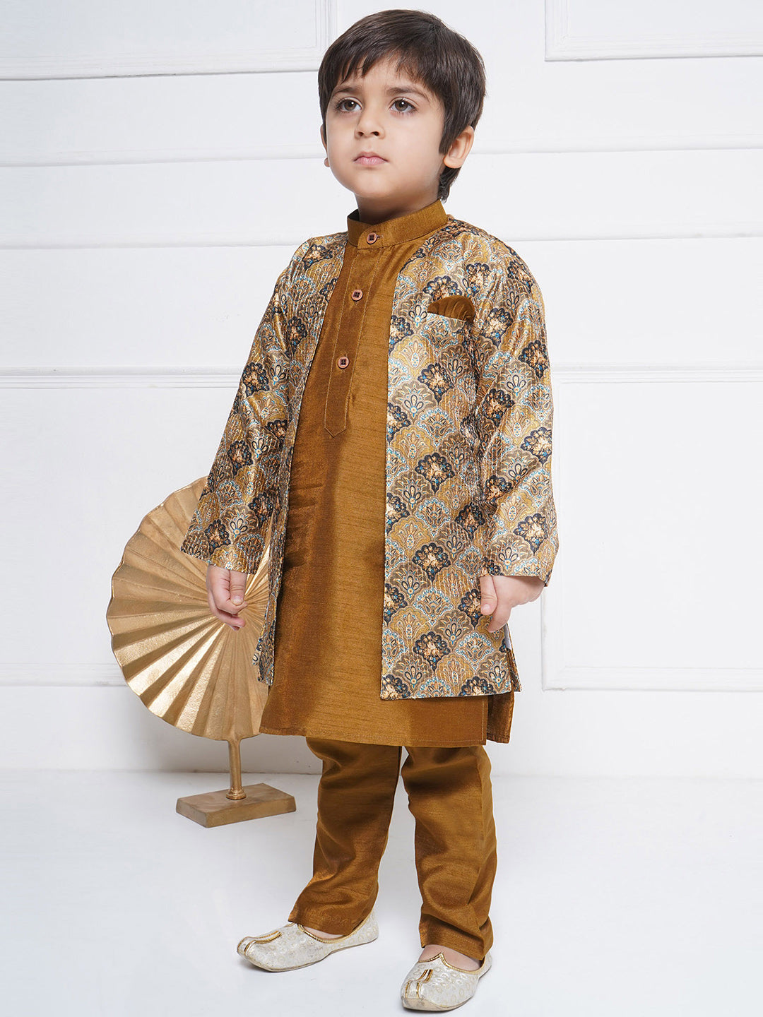 Kids Boys Brown Printed Silk Blend Sherwani - AJ Dezines