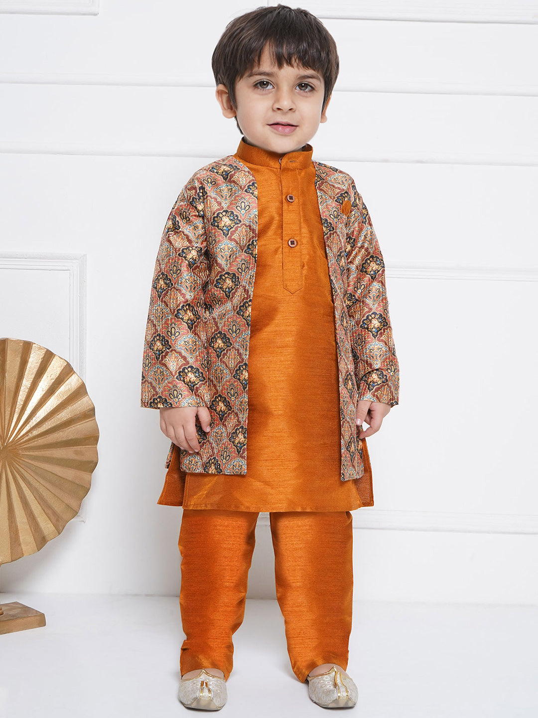 Kids Boys Rust Printed Silk Blend Sherwani - AJ Dezines