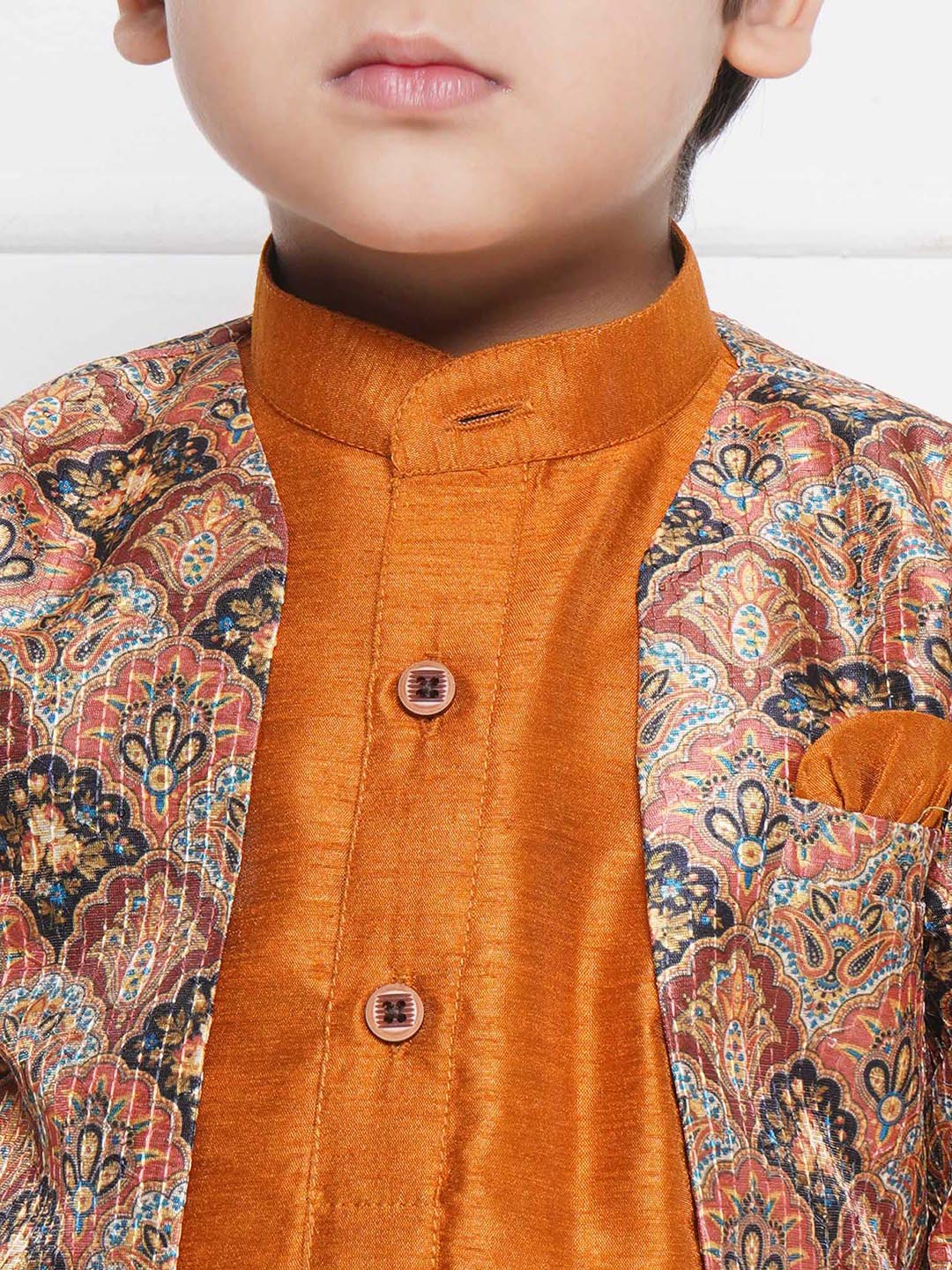 Kids Boys Rust Printed Silk Blend Sherwani - AJ Dezines