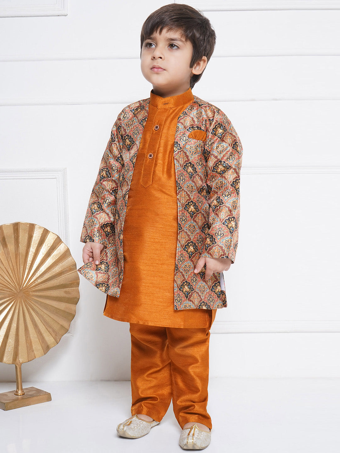 Kids Boys Rust Printed Silk Blend Sherwani - AJ Dezines