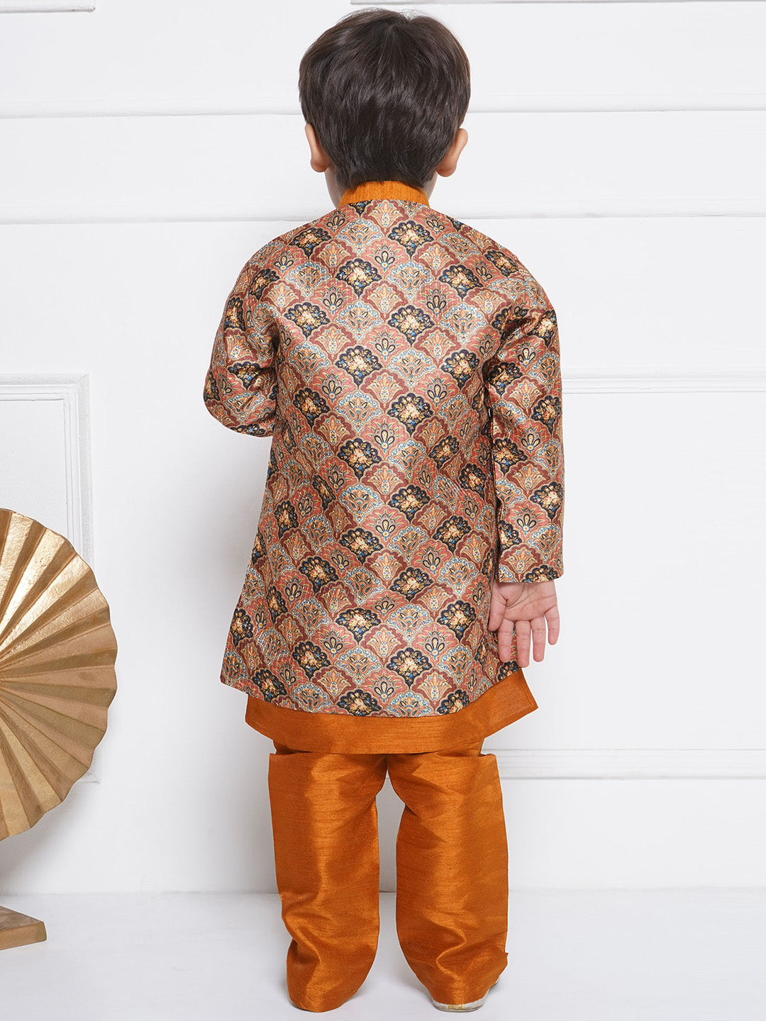 Kids Boys Rust Printed Silk Blend Sherwani - AJ Dezines