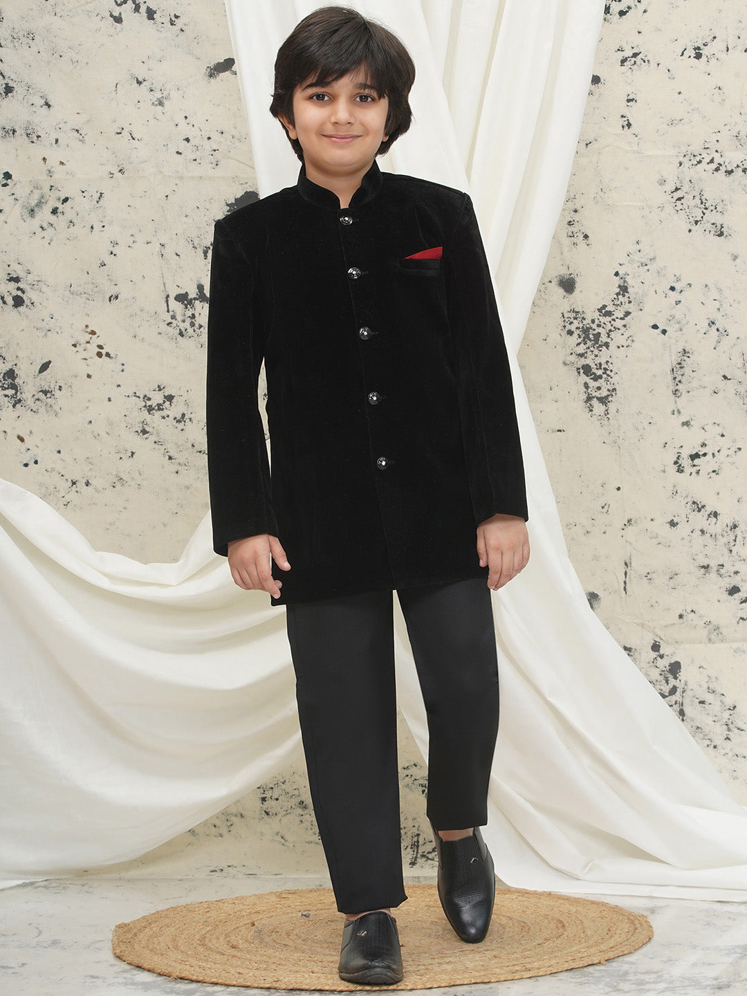 Black Full sleeves Solid Velvet Sherwani For Boys - AJ Dezines