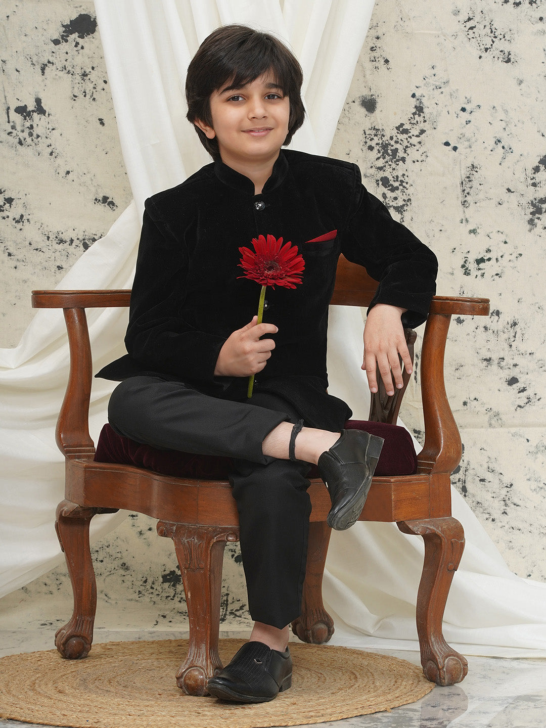 Black Full sleeves Solid Velvet Sherwani For Boys - AJ Dezines