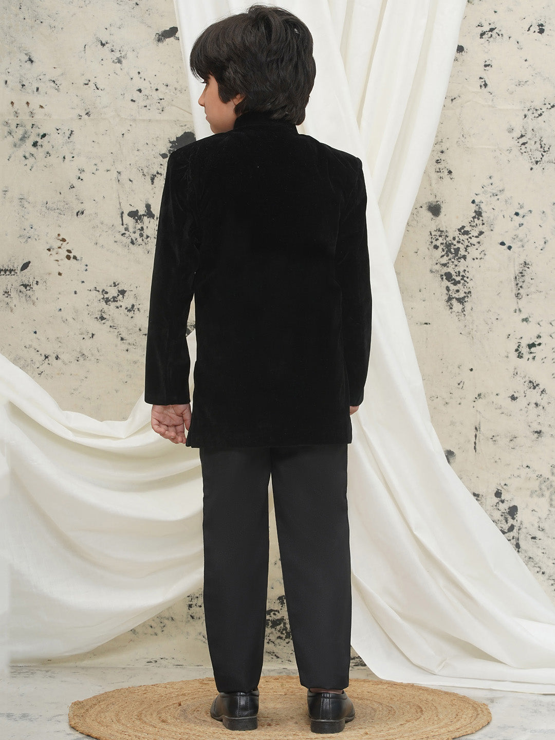 Black Full sleeves Solid Velvet Sherwani For Boys - AJ Dezines
