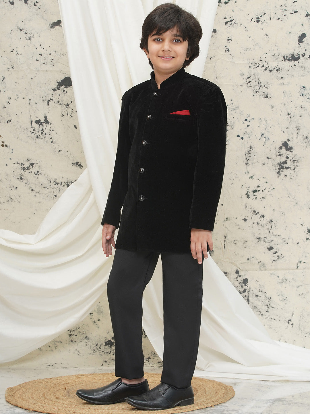 Black Full sleeves Solid Velvet Sherwani For Boys - AJ Dezines