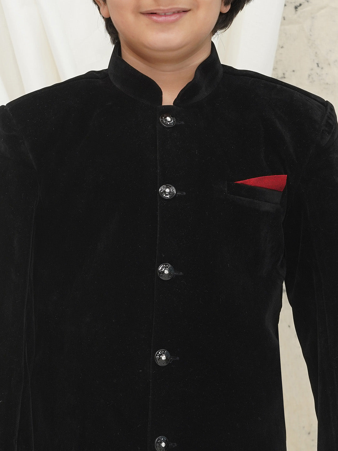 Black Full sleeves Solid Velvet Sherwani For Boys - AJ Dezines