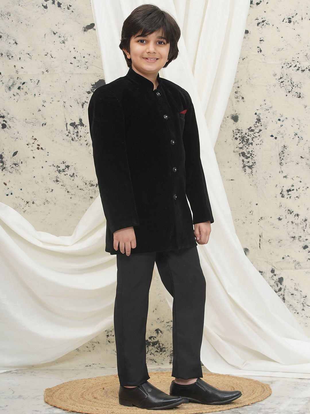 Black Full sleeves Solid Velvet Sherwani For Boys - AJ Dezines