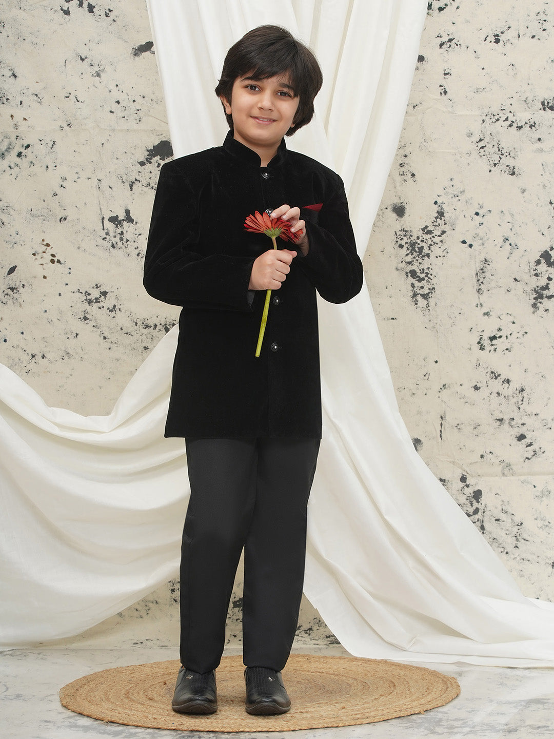 Black Full sleeves Solid Velvet Sherwani For Boys - AJ Dezines