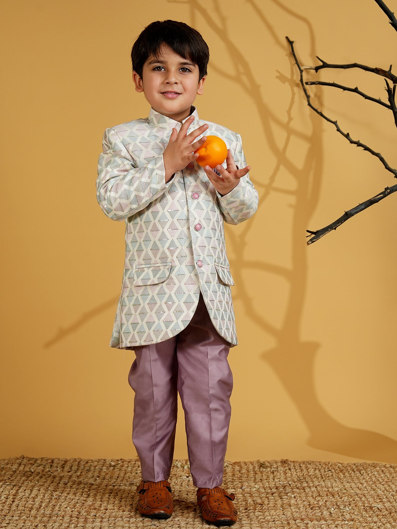 Purple Cotton Blend Full sleeves Embroidered Sherwani With Pocket Square - AJ Dezines