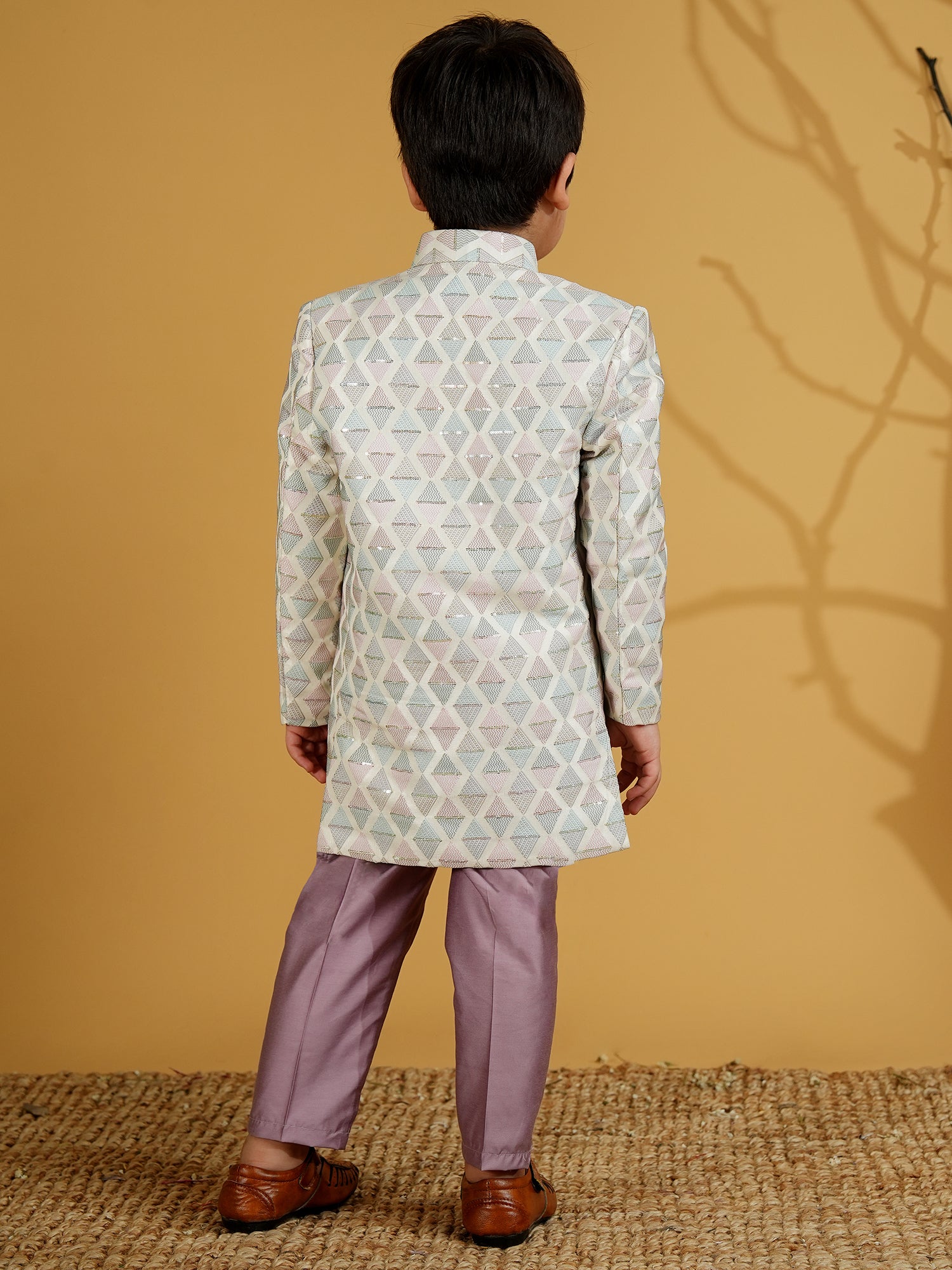 Purple Cotton Blend Full sleeves Embroidered Sherwani With Pocket Square - AJ Dezines
