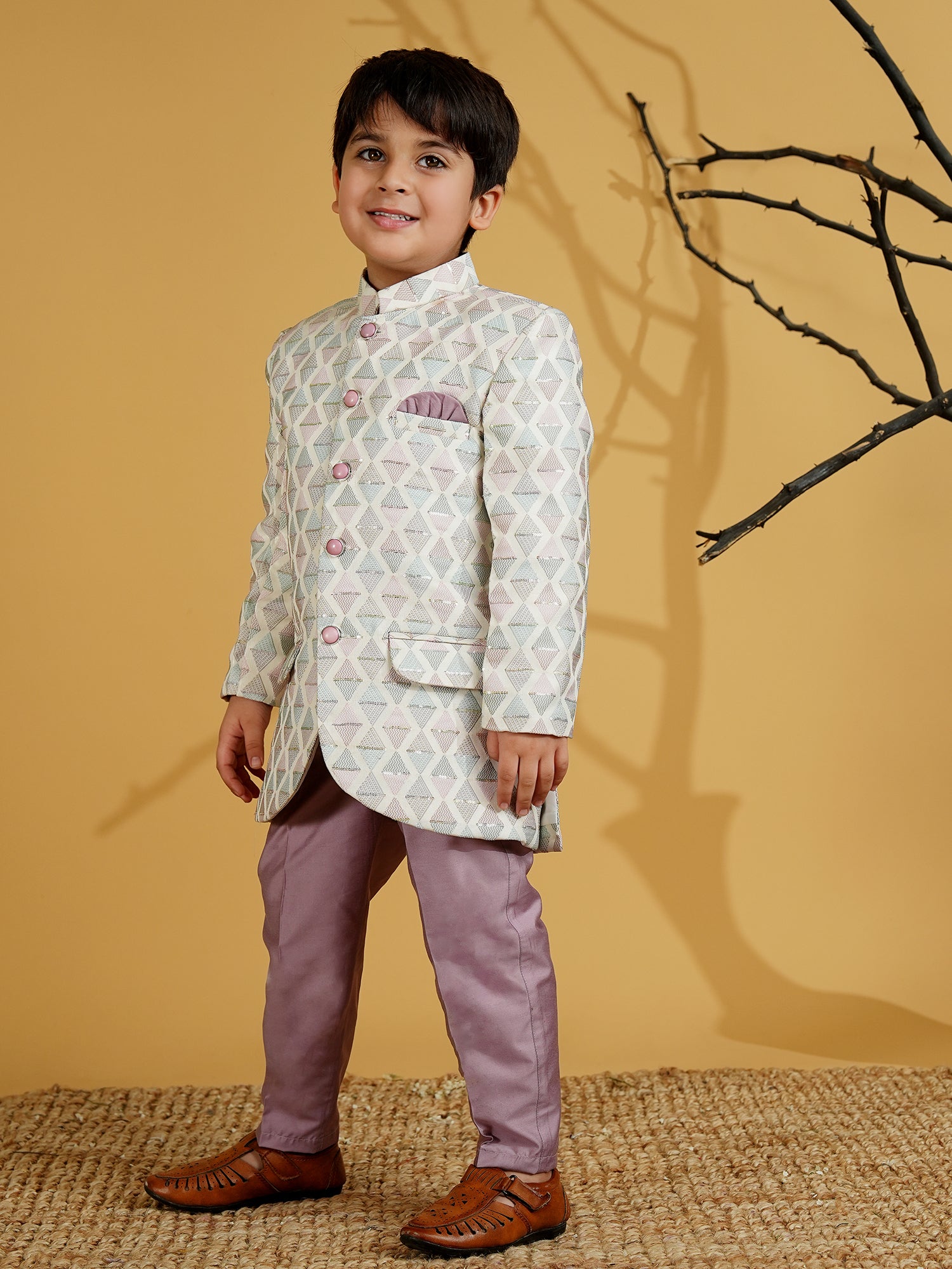 Purple Cotton Blend Full sleeves Embroidered Sherwani With Pocket Square - AJ Dezines