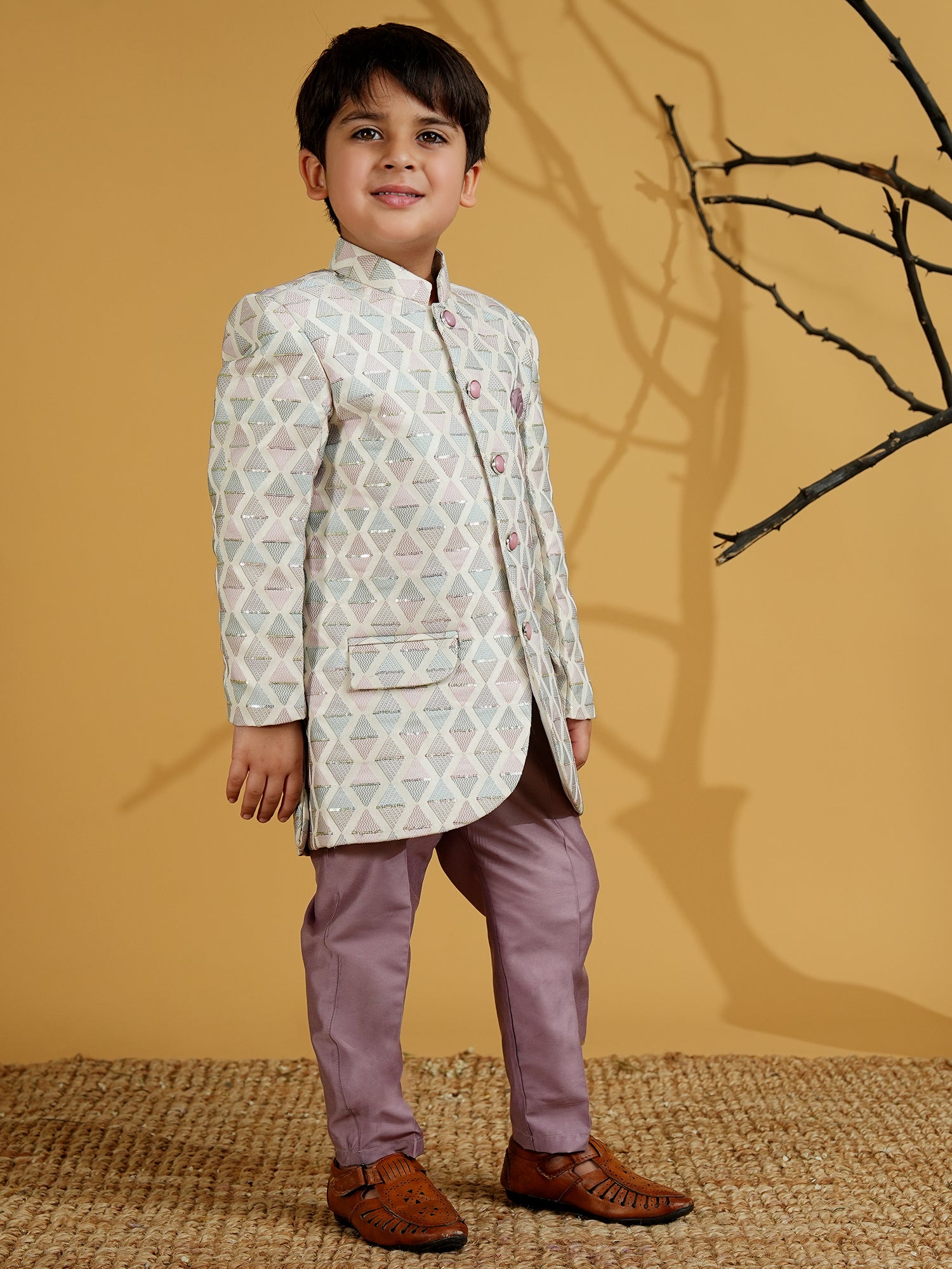 Purple Cotton Blend Full sleeves Embroidered Sherwani With Pocket Square - AJ Dezines