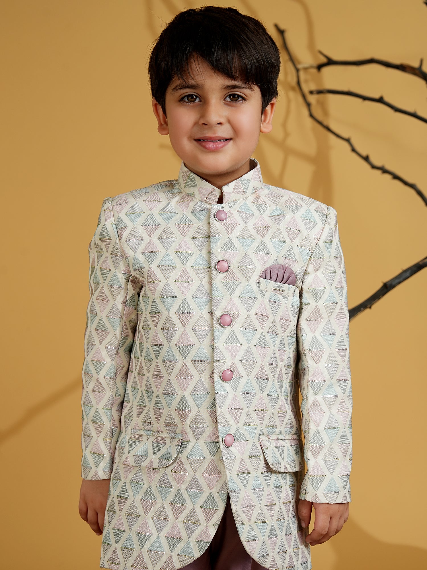 Purple Cotton Blend Full sleeves Embroidered Sherwani With Pocket Square - AJ Dezines